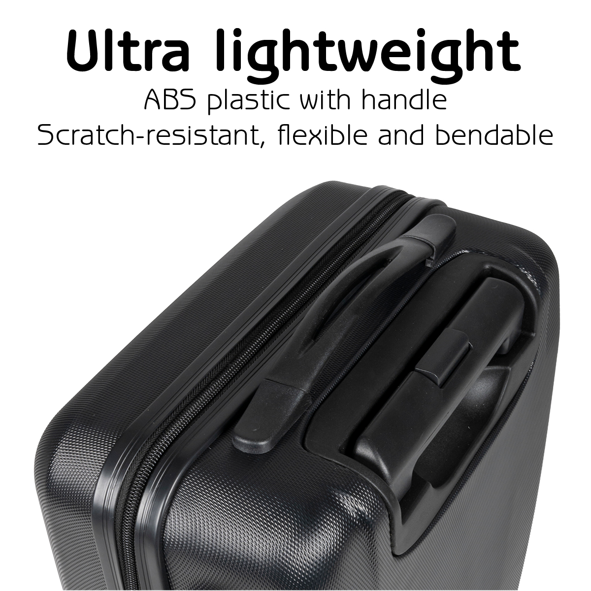 Black suitcase with handle. Text above reads: Ultra lightweight, ABS plastic, scratch-resistant, flexible and bendable.