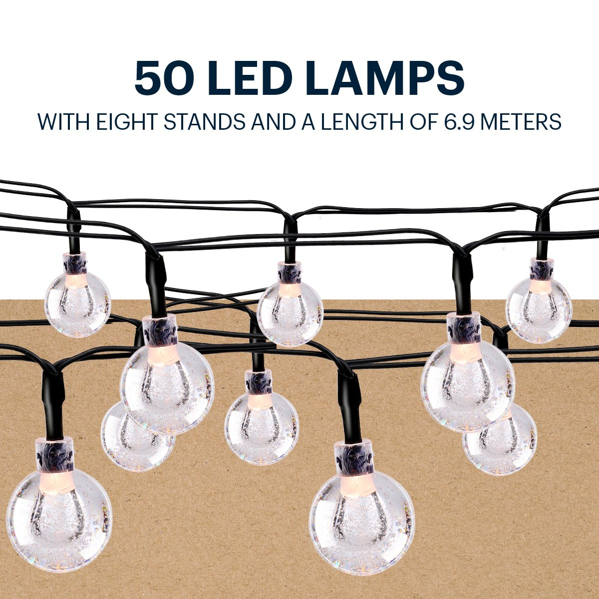 Slinger met 50 LED-lampen, heldere bolvormige lampen op zwarte draden, tegen een kartonnen achtergrond. Tekst: '50 LED...6,9 meter'.