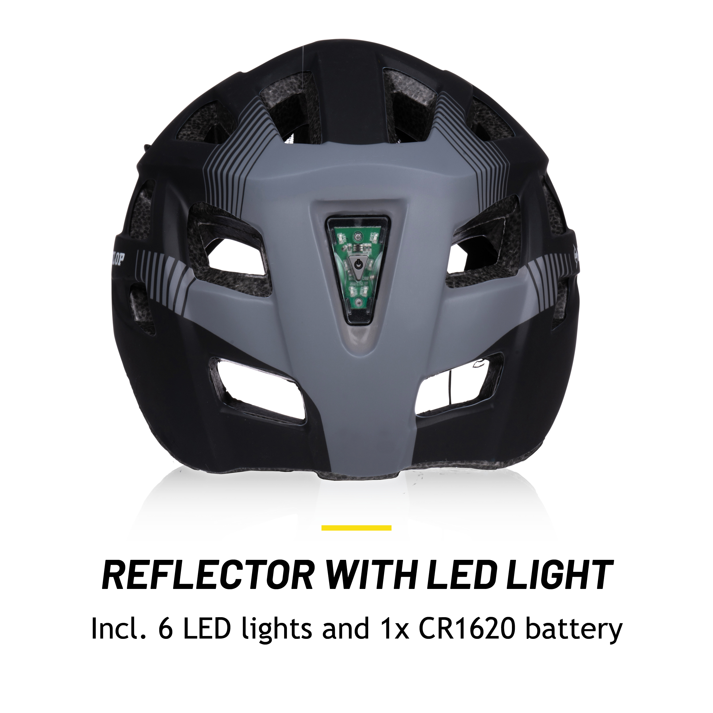 Zwarte en grijze fietshelm. Het heeft een LED-achterlicht. Tekst: Reflector met LED-licht. Incl. 6 LED-lampjes en 1x CR1620 batterij.