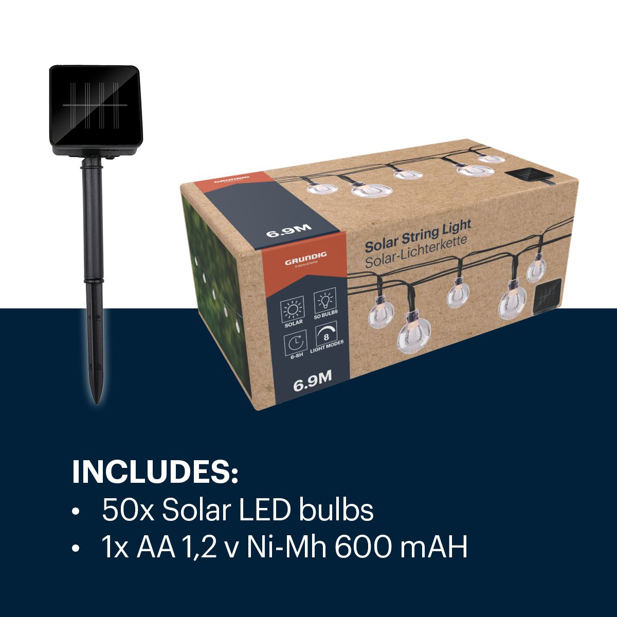 Solar string light box en zonnepaneel op witte achtergrond. Inclusief 50 LED-lampen en een batterij.