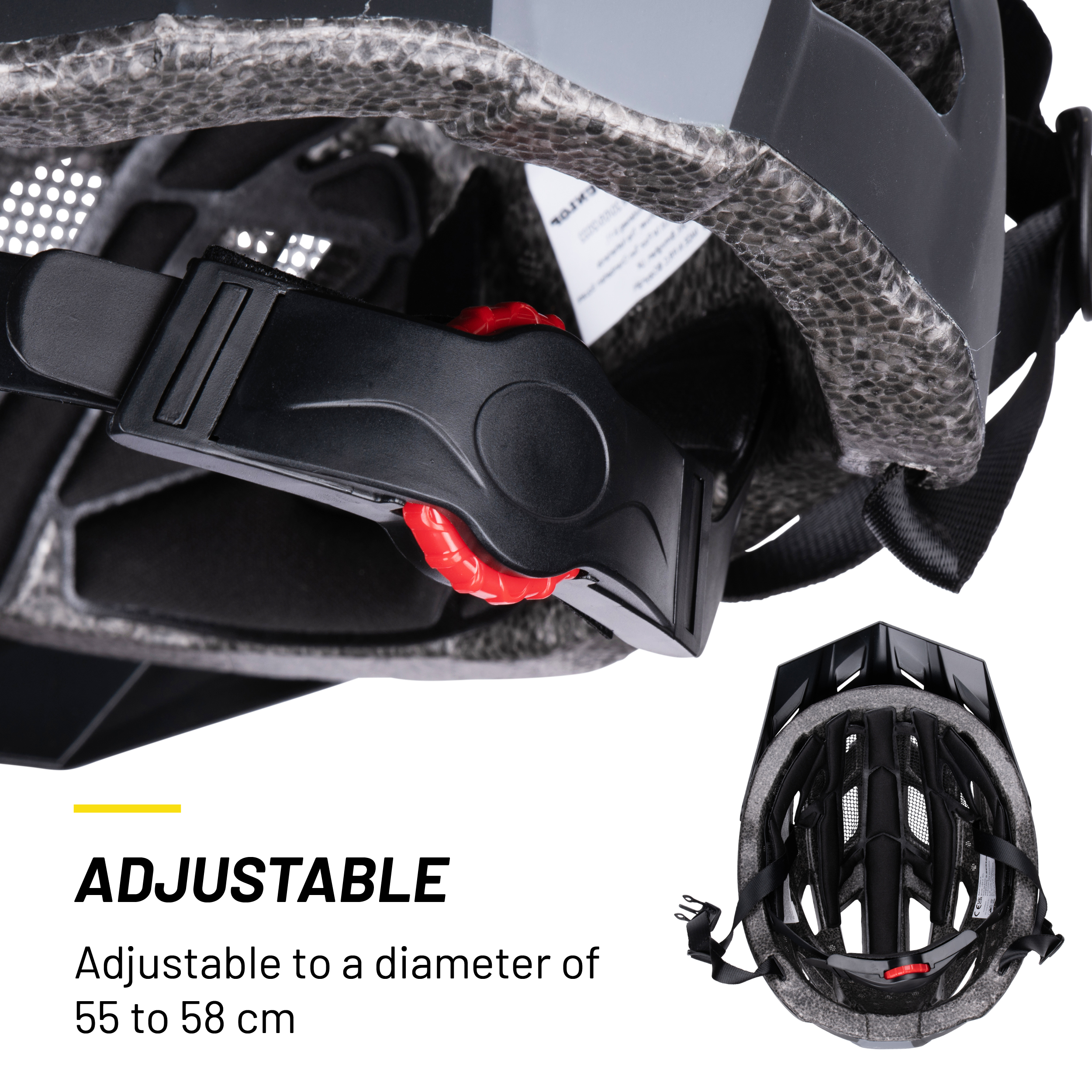 Een zwarte en grijze fietshelm met een rode verstelclip. De helm is verstelbaar tot 55-58 cm.