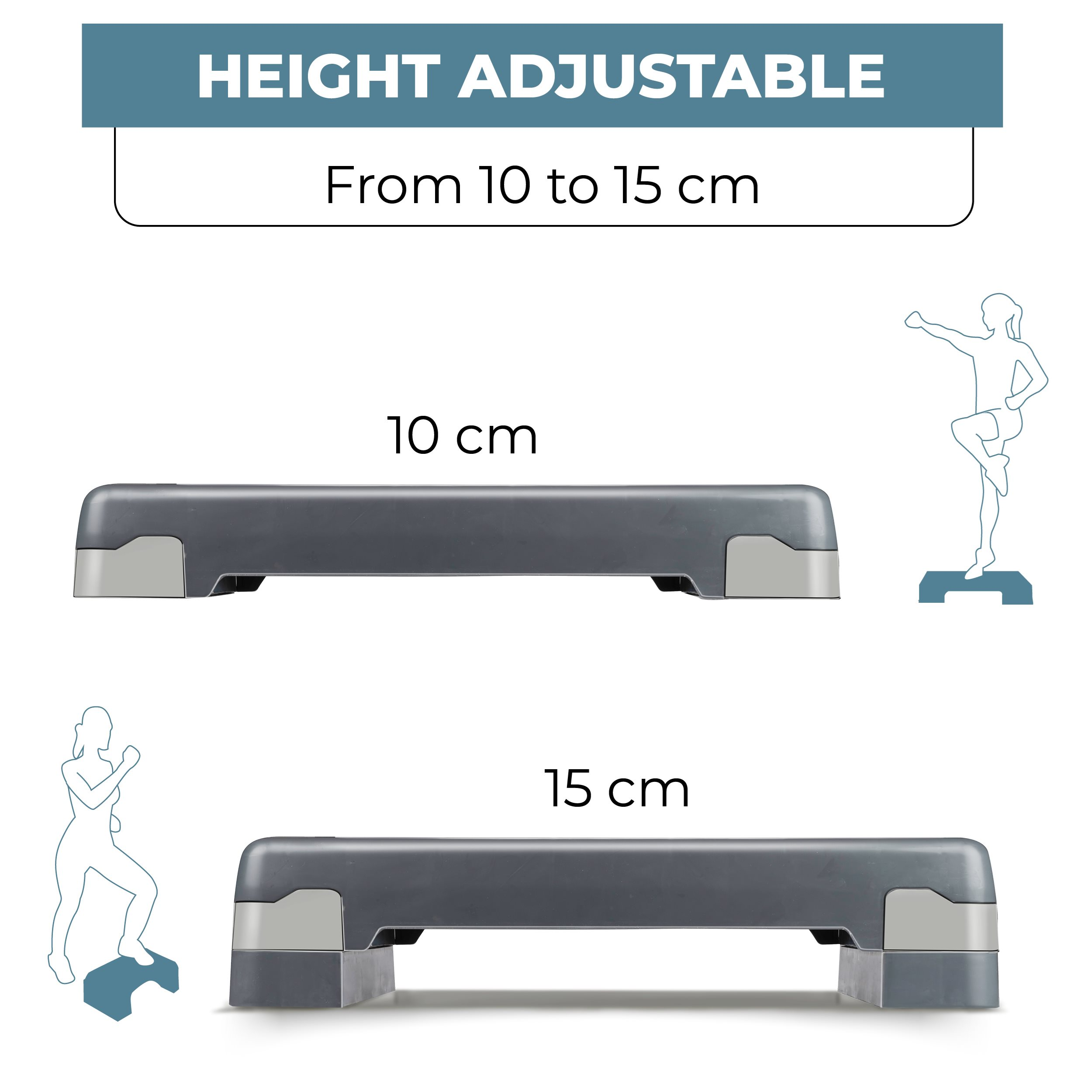 L'image montre une plate-forme de marche réglable. Deux plates-formes sont affichées, une à 10 cm, l'autre à 15 cm, avec des schémas de personnes.