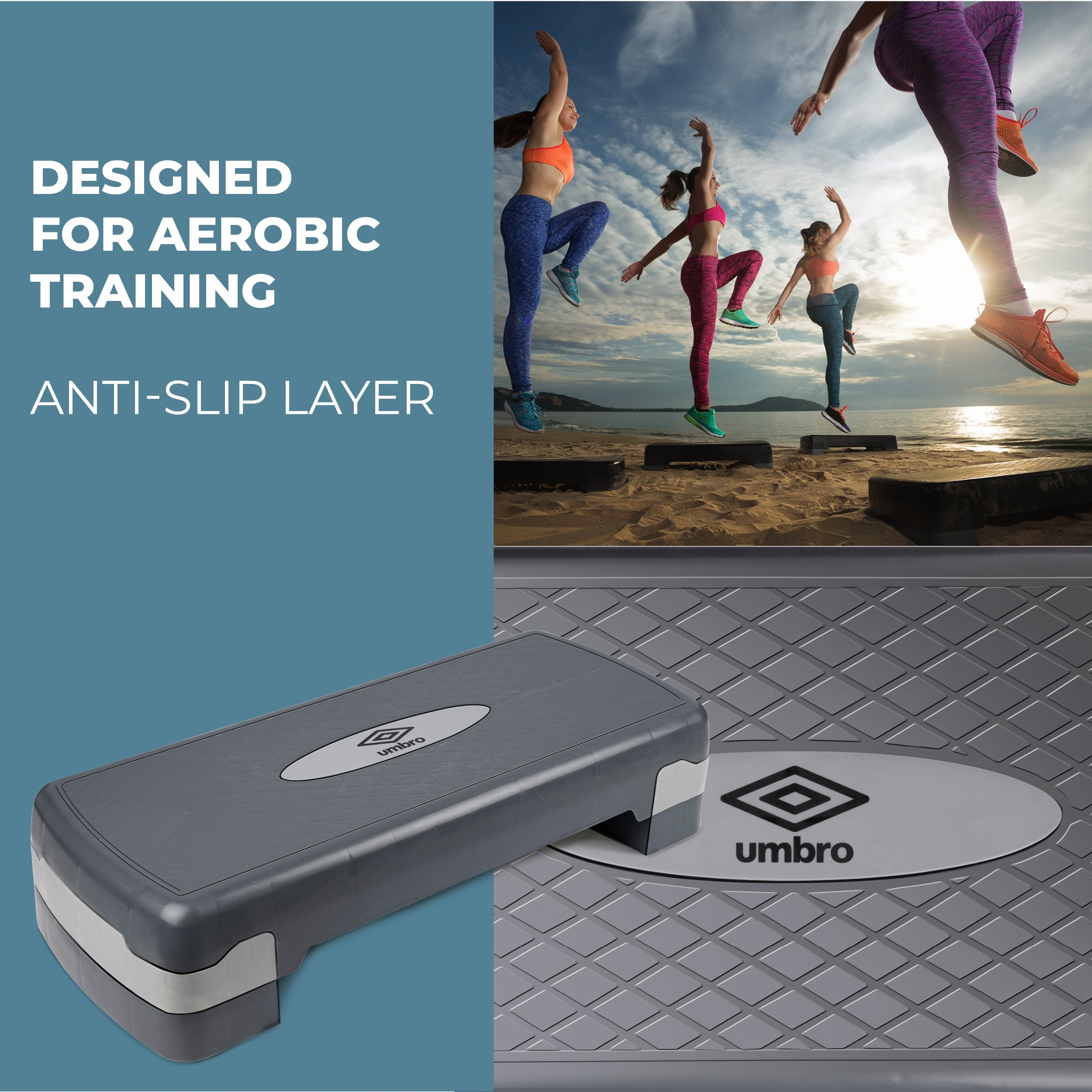 L'image montre de l'entraînement aérobique avec des femmes sautant, et une plateforme de step. La plateforme est grise et a le logo Umbro.