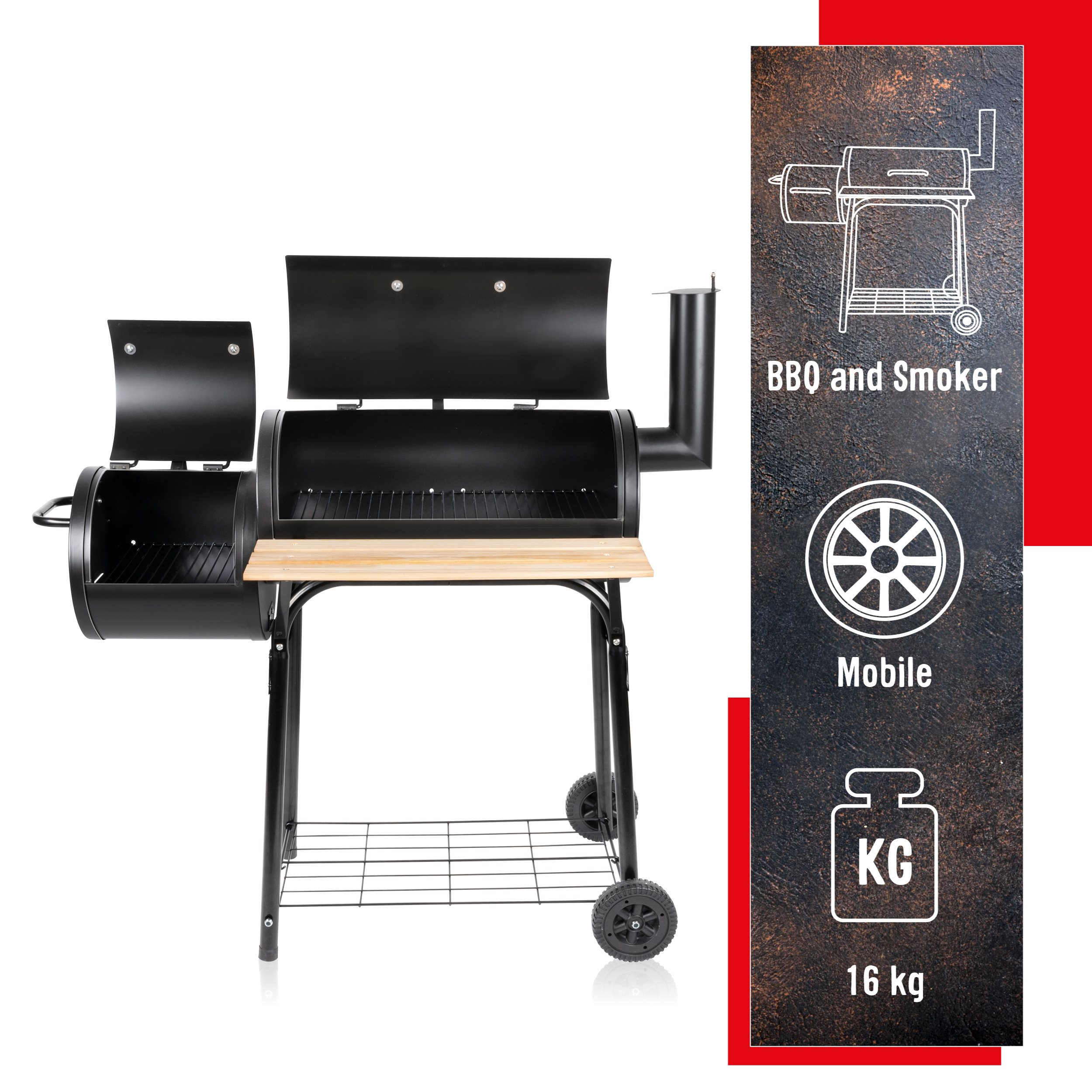 Black BBQ smoker grill with wooden shelf and wheels. Features a side smoker, and a 16kg weight indication.