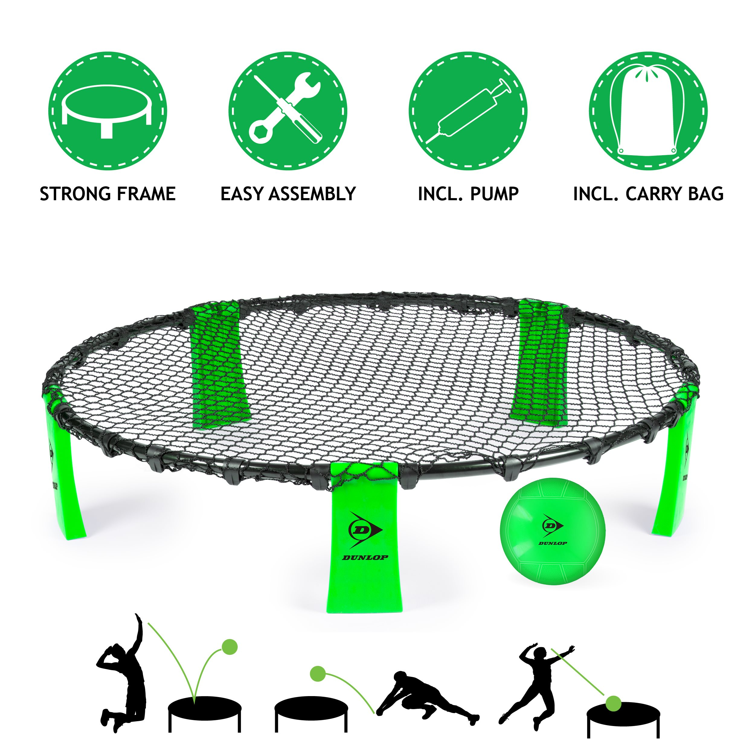 Spikeball set met net, groene steunen en bal. Inclusief pomp en draagtas. Silhouetten tonen het spel.