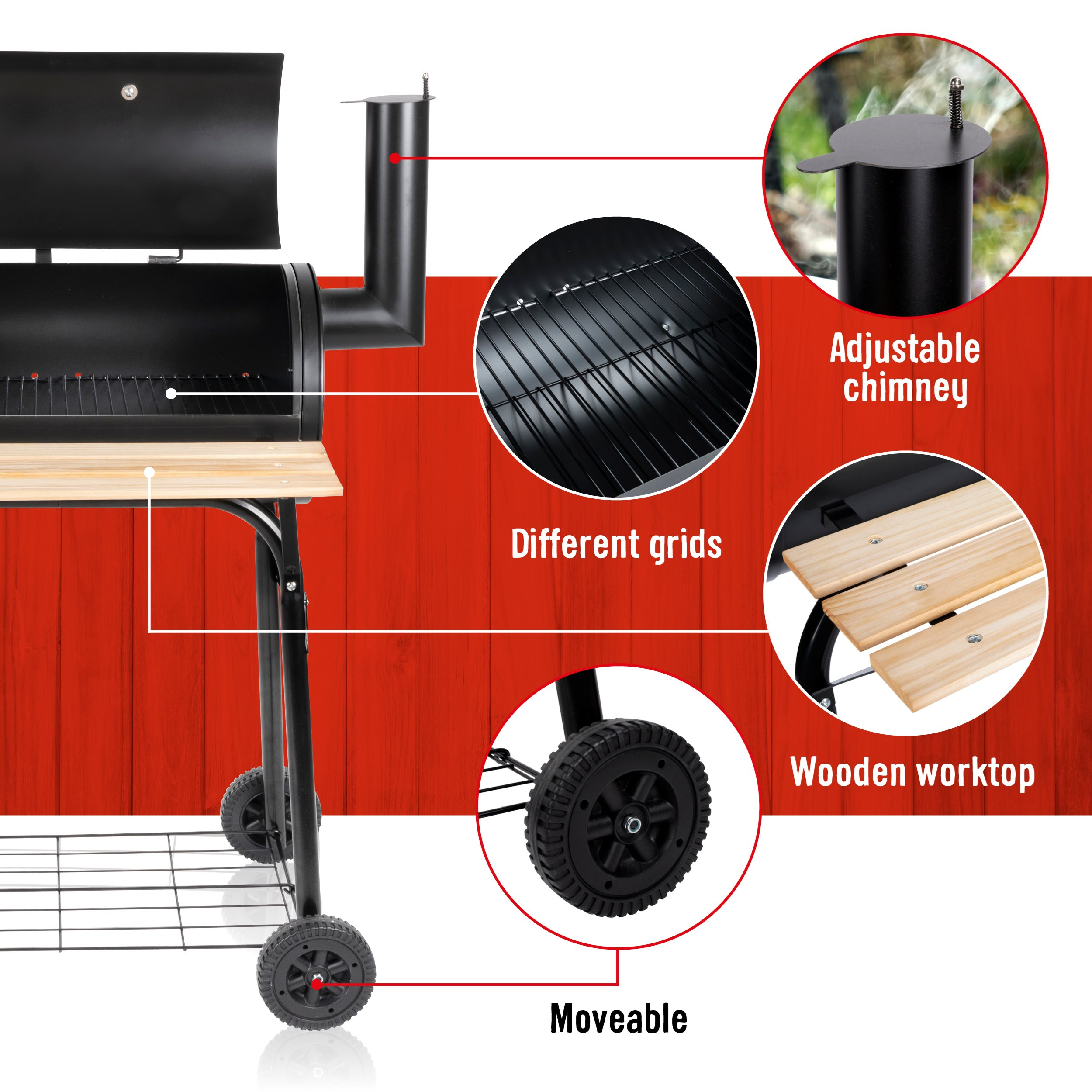 Black grill with chimney, grids, wooden worktop, and wheels against red wood background. Labeled: adjustable chimney, moveable.