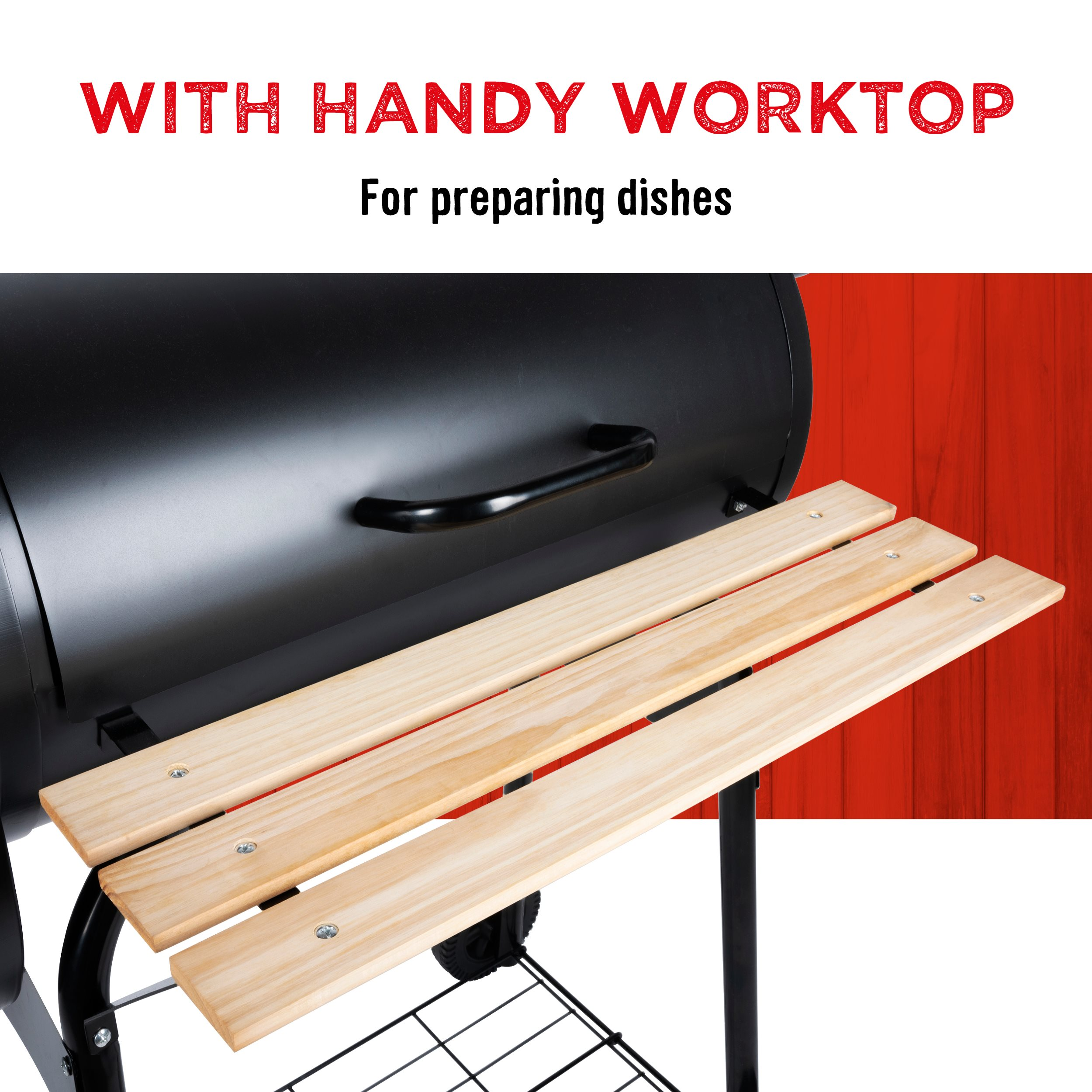 Black grill with wooden side tables. Red background. Text reads: With handy worktop, for preparing dishes.