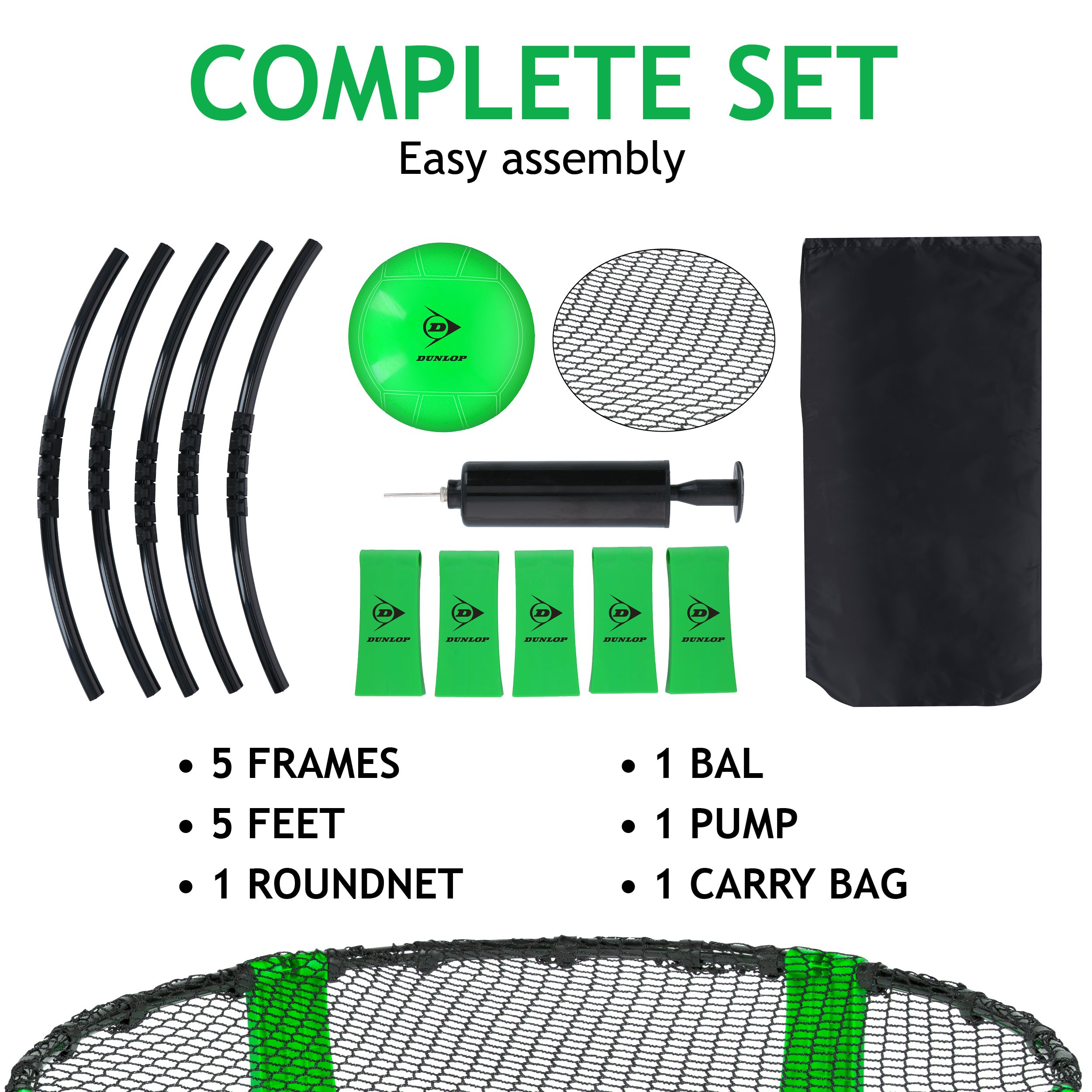 Complete set met bal, net, frames, pomp en draagtas. Groen en zwart domineren de afbeelding. Tekst geeft eenvoudige montage aan.