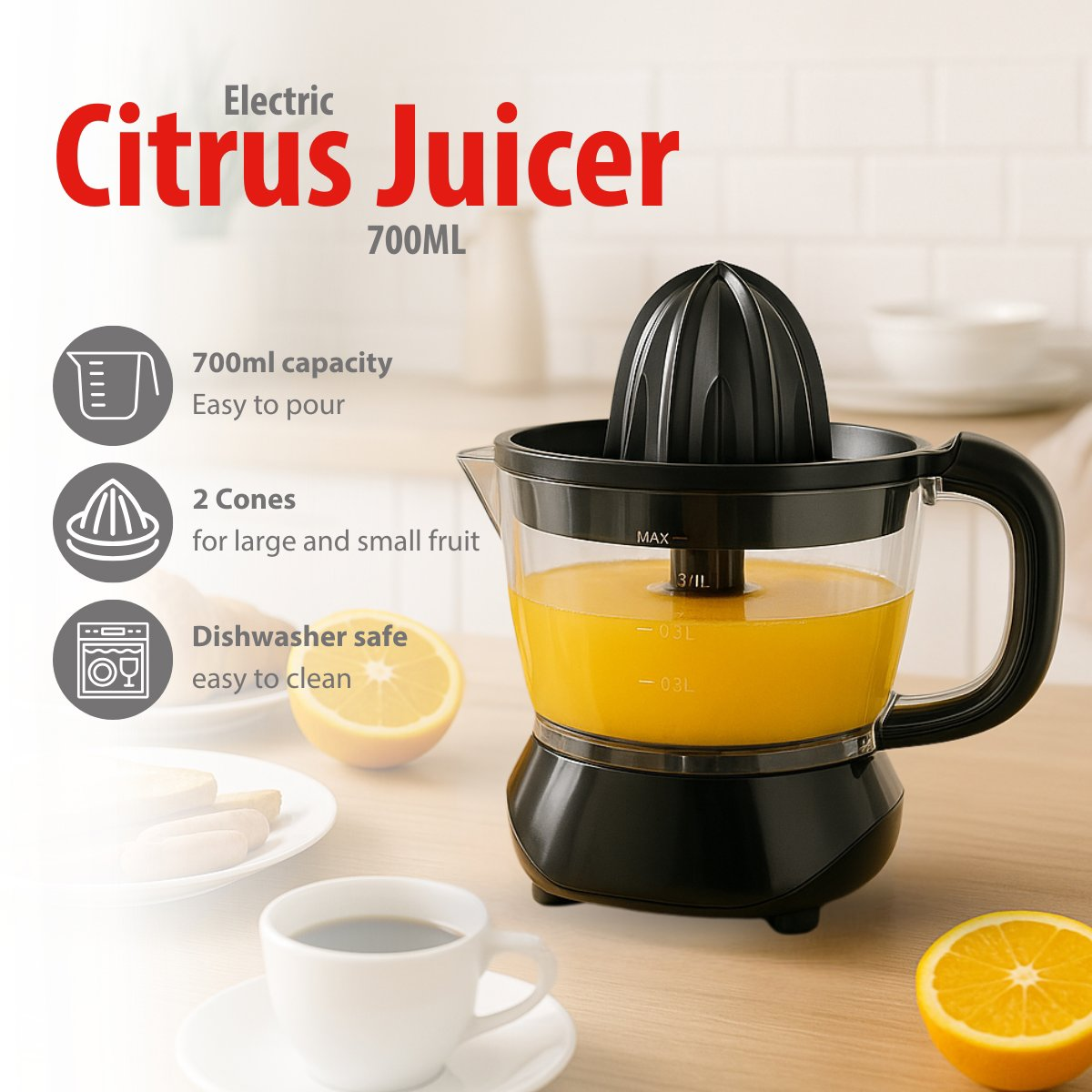 An electric citrus juicer with a black base and juicing cone. A cup of coffee and orange slices are on the table.