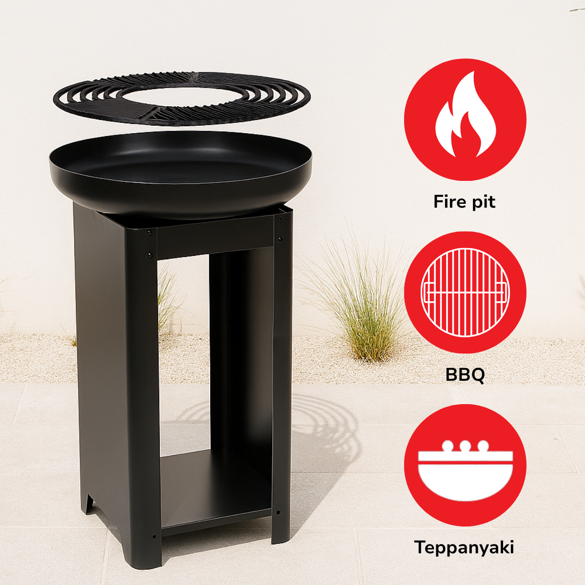 Zwarte vuurplaats voor buiten met grill en standaard. Bevat pictogrammen voor vuurplaats, BBQ en teppanyaki.