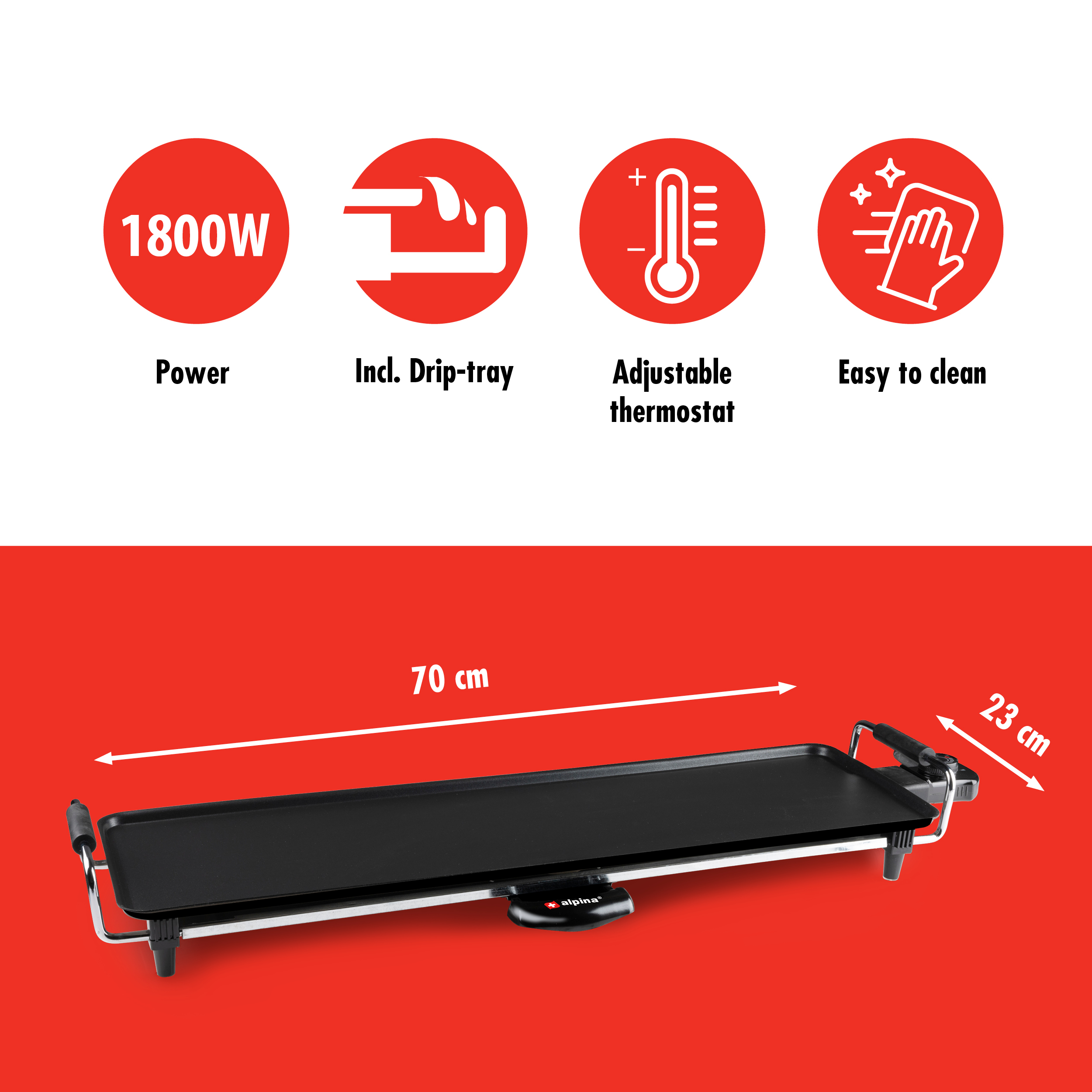 A black electric grill with red background. Features: 1800W power, drip tray, adjustable thermostat, easy to clean. Dimensions are labeled.