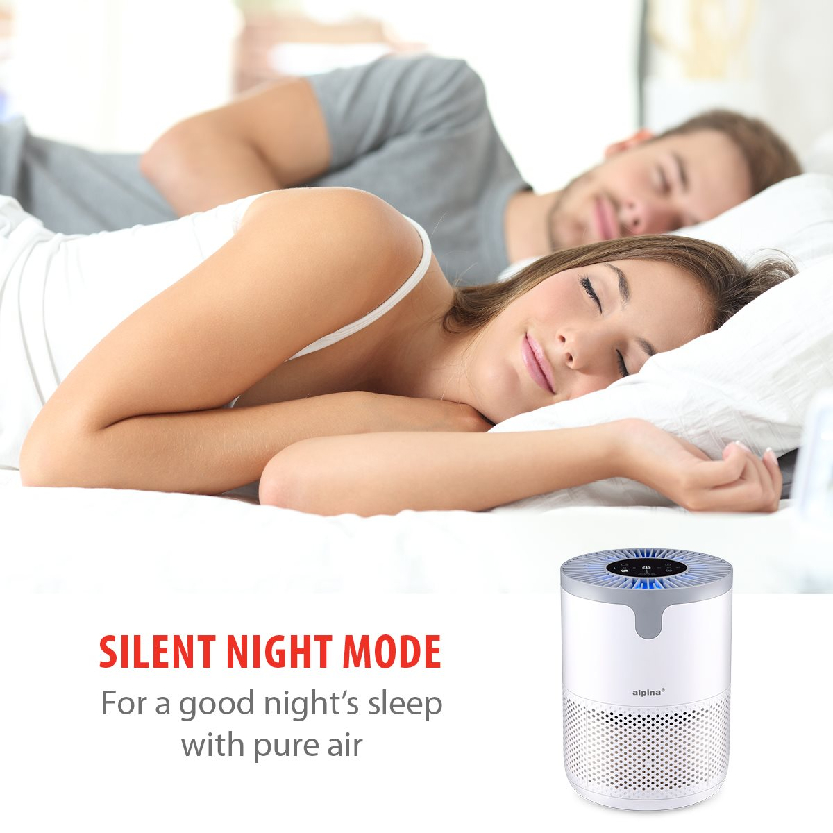 Ein schlafendes Paar auf einem weißen Bett. Rechts unten ein weißer Luftreiniger. Text: 'Silent Night Mode'.