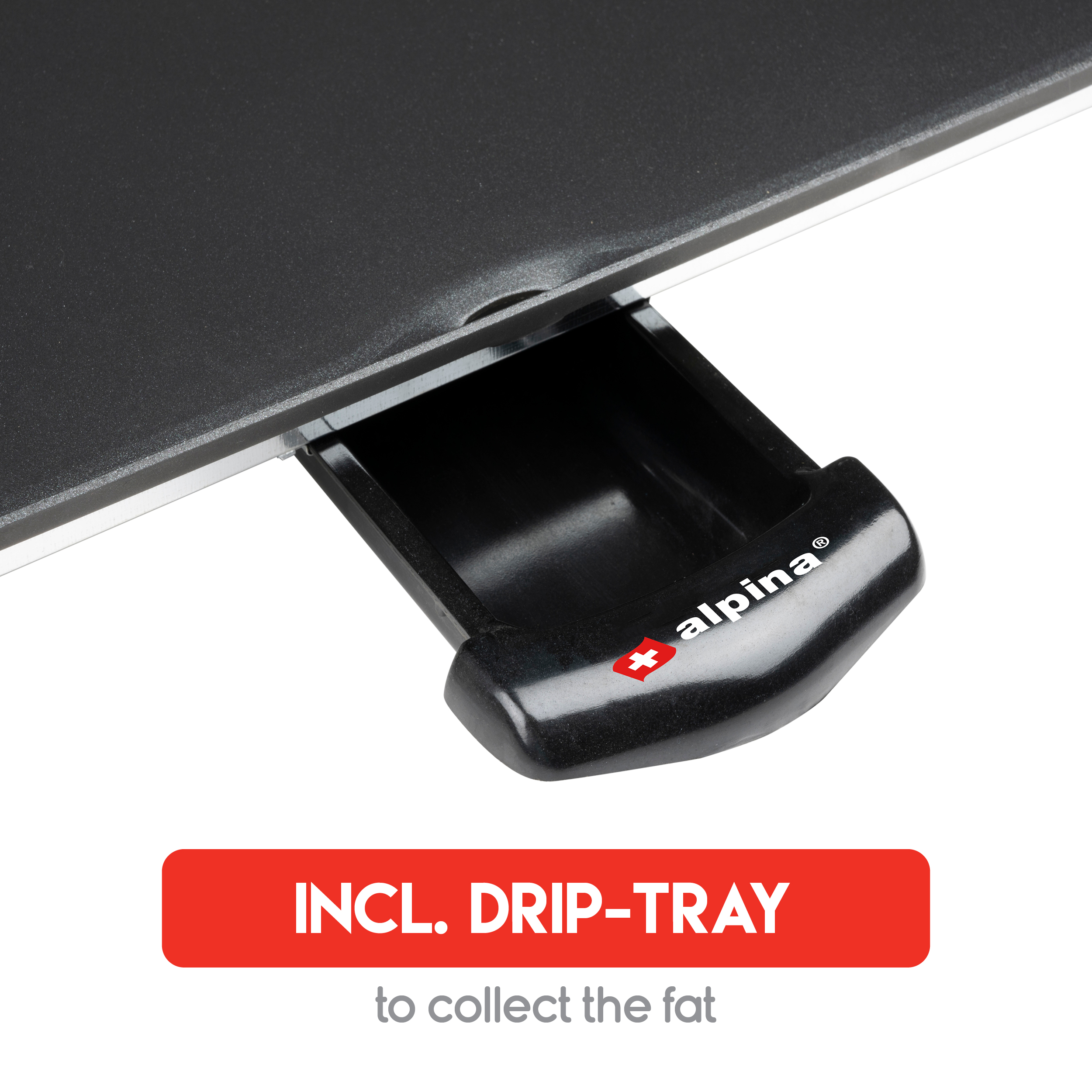Close-up of a black drip tray with the brand logo. The tray is used to collect fat from cooking, with red text.