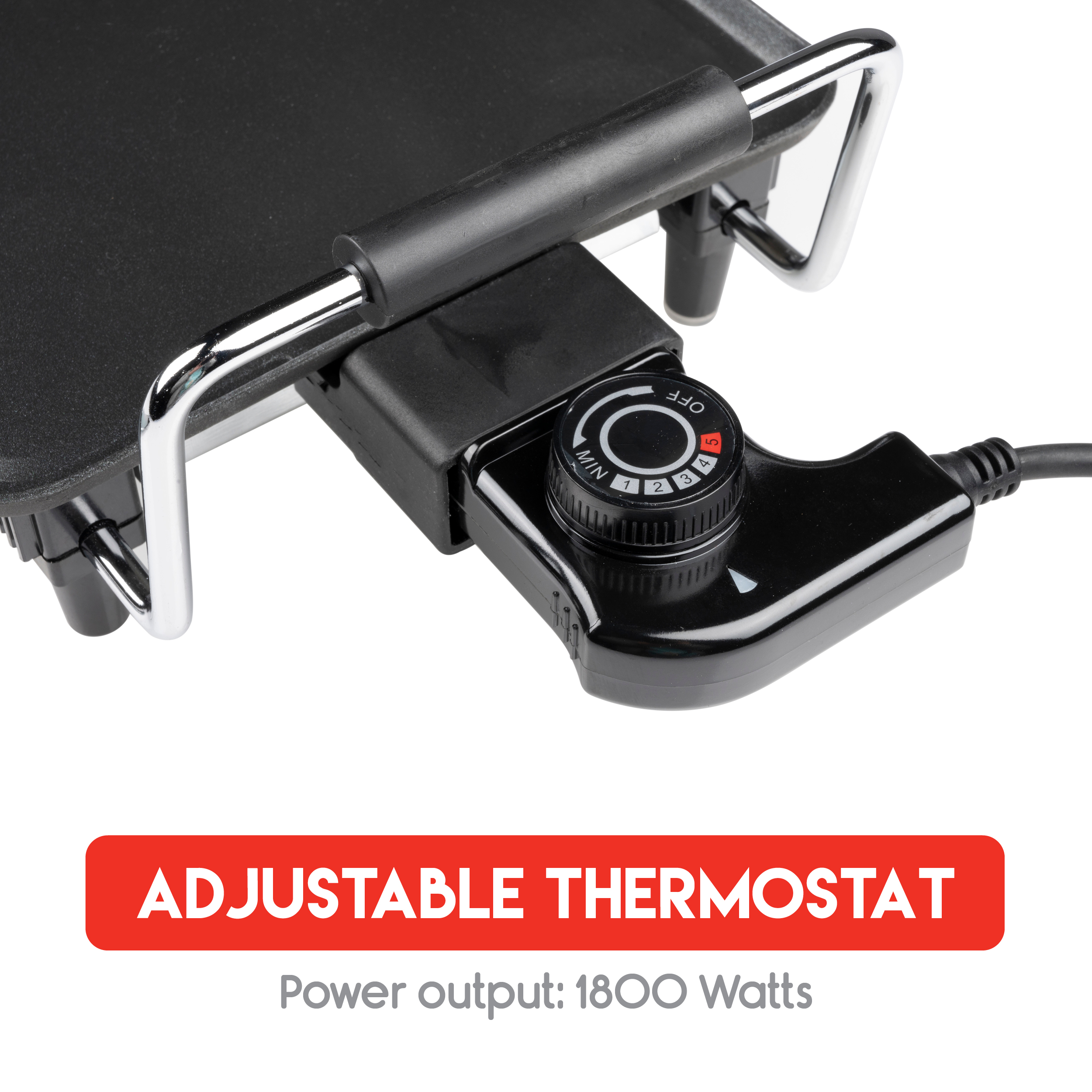 Close-up of a black griddle with a temperature control knob. The text reads: Adjustable Thermostat. Power output: 1800 Watts.