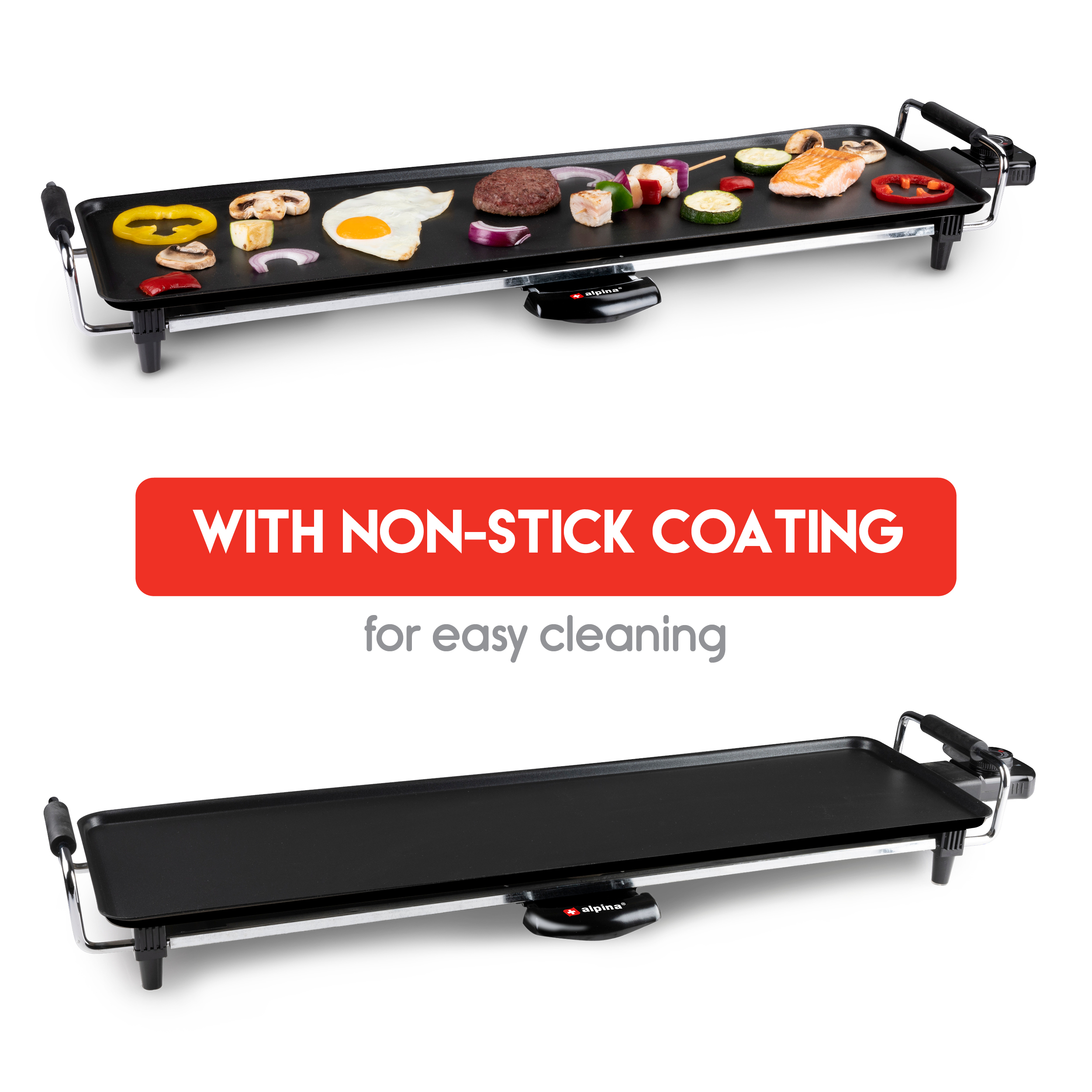 Electric griddle with food. Griddle has food, including a burger and vegetables. Text reads: With non-stick coating for easy cleaning.