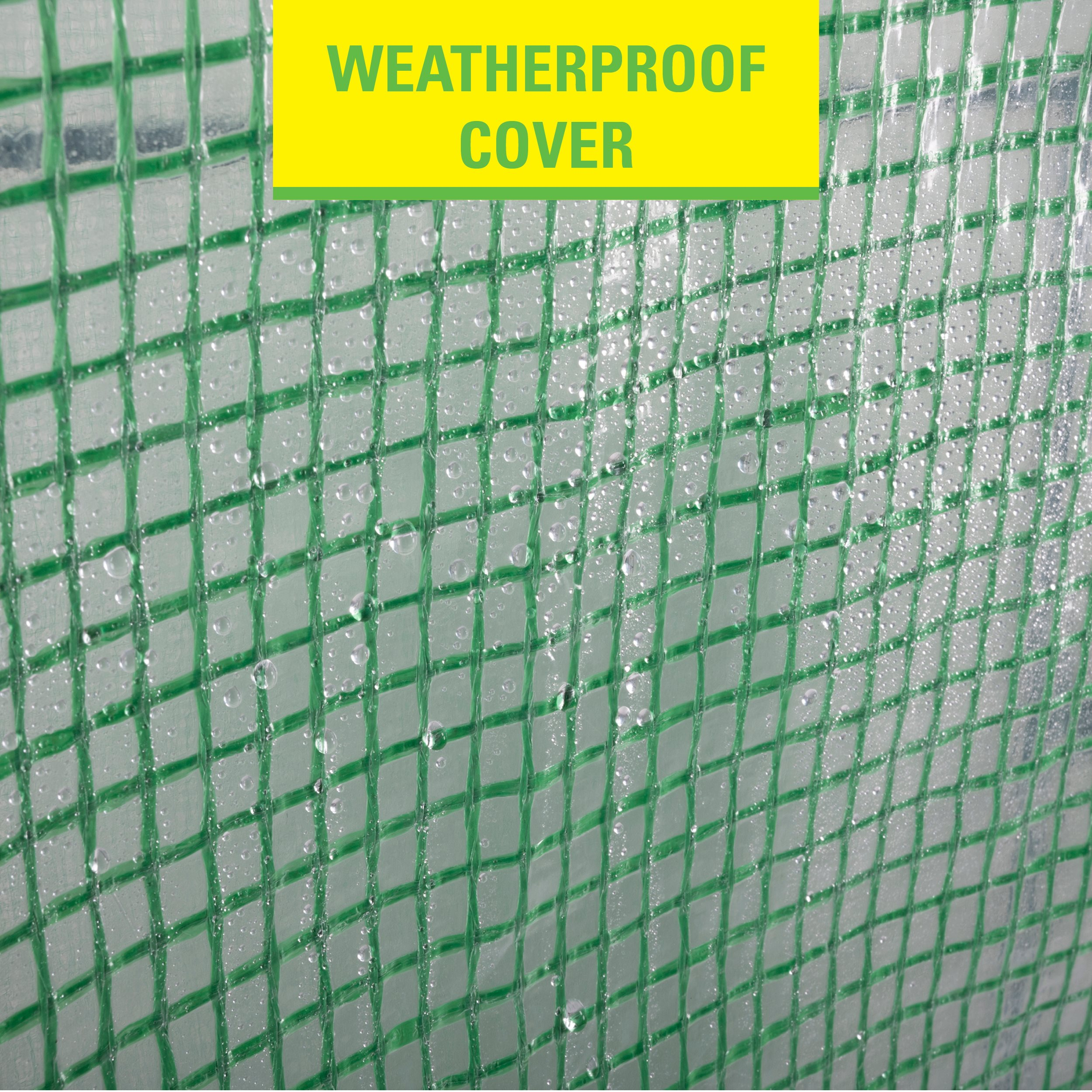 Close-up van een groene, rasterachtige, weerbestendige hoes met waterdruppels. Gele banner leest 'WEERBESTENDIGE HOES'.
