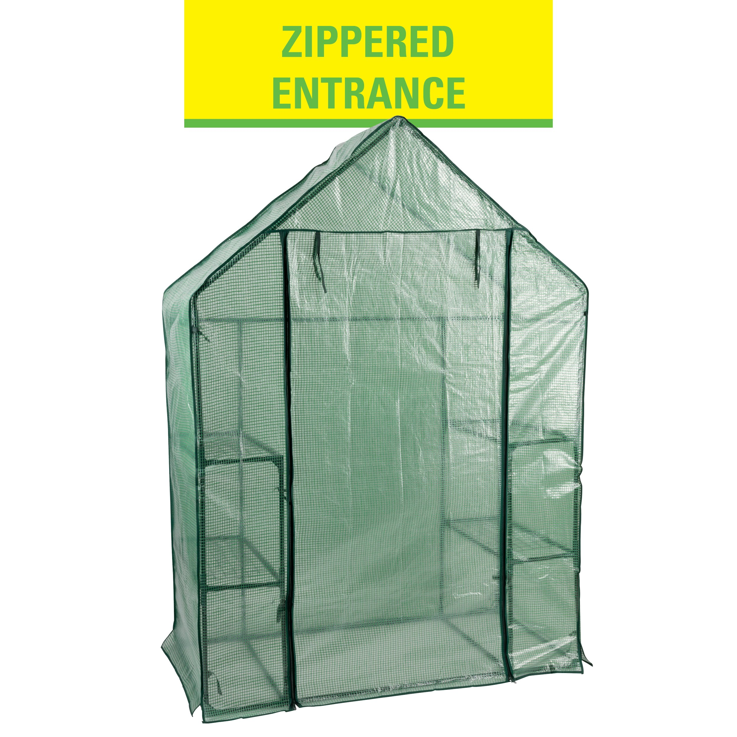 Een groene kas met ritssluiting, de structuur is een huisvorm. De achtergrond is wit.