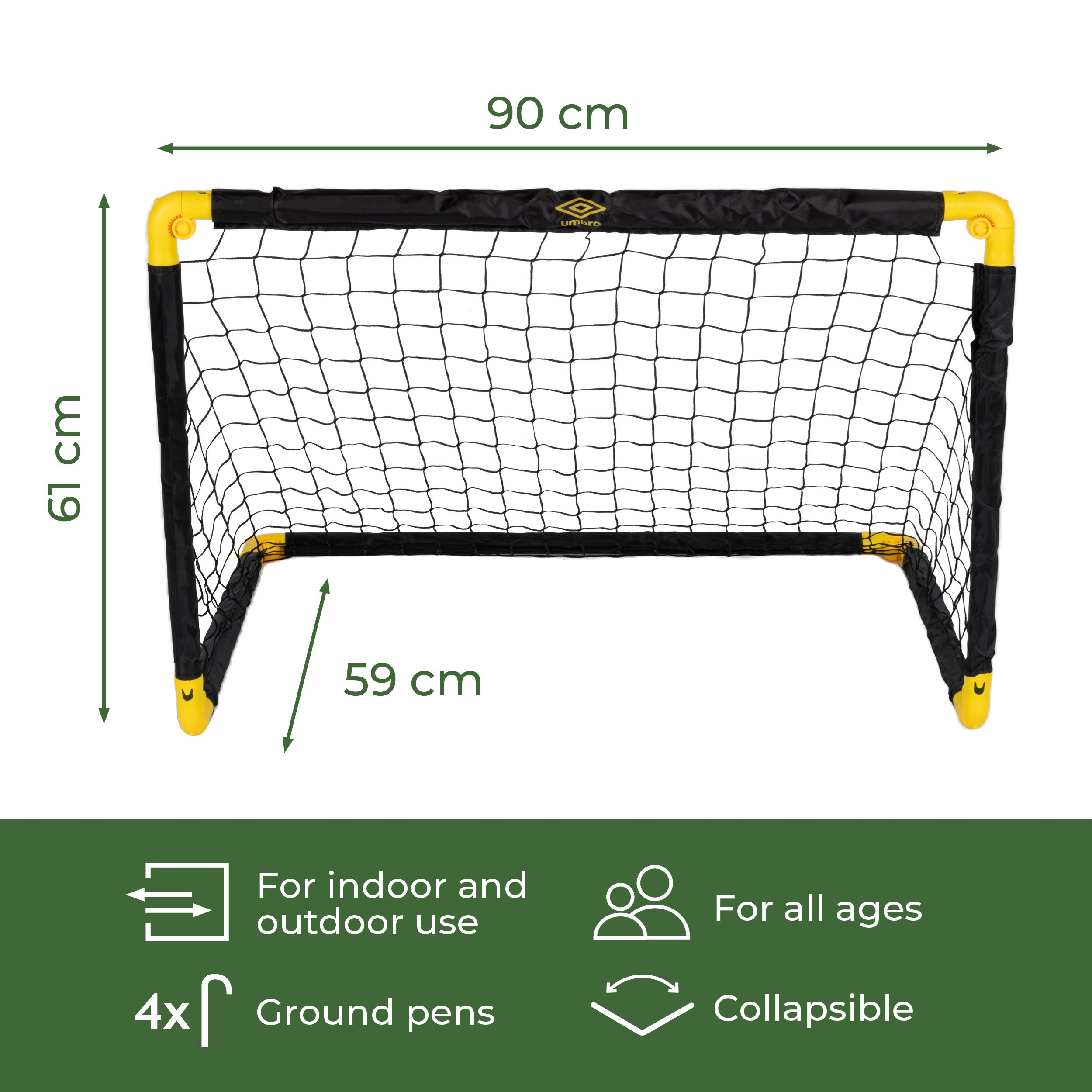 A small, collapsible soccer goal with yellow corner pieces and a black net. Dimensions are displayed with measurements.