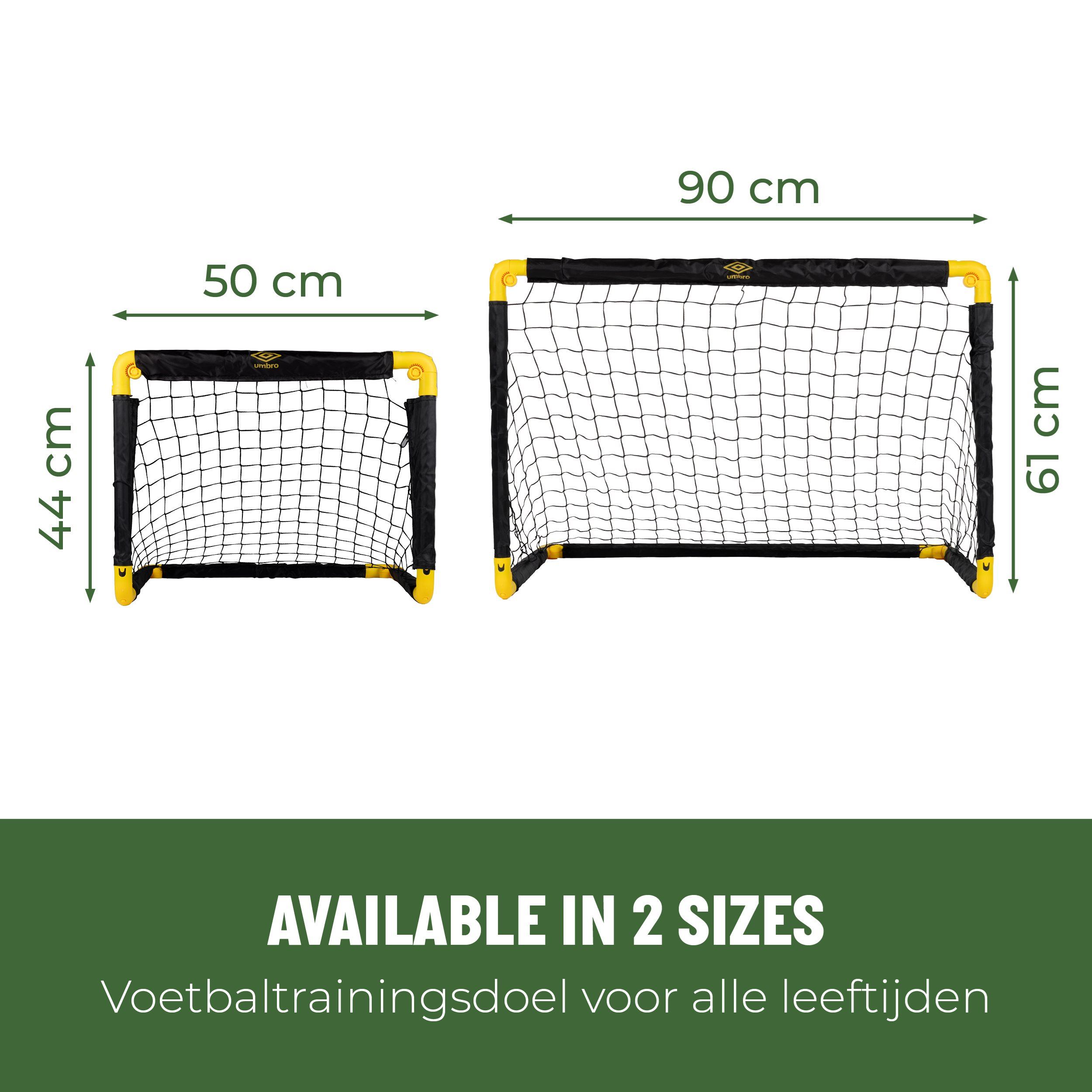 Das Bild zeigt zwei Fußballtore in verschiedenen Größen mit Maßen. Text sagt 'VERFÜGBAR IN 2 GRÖSSEN'.