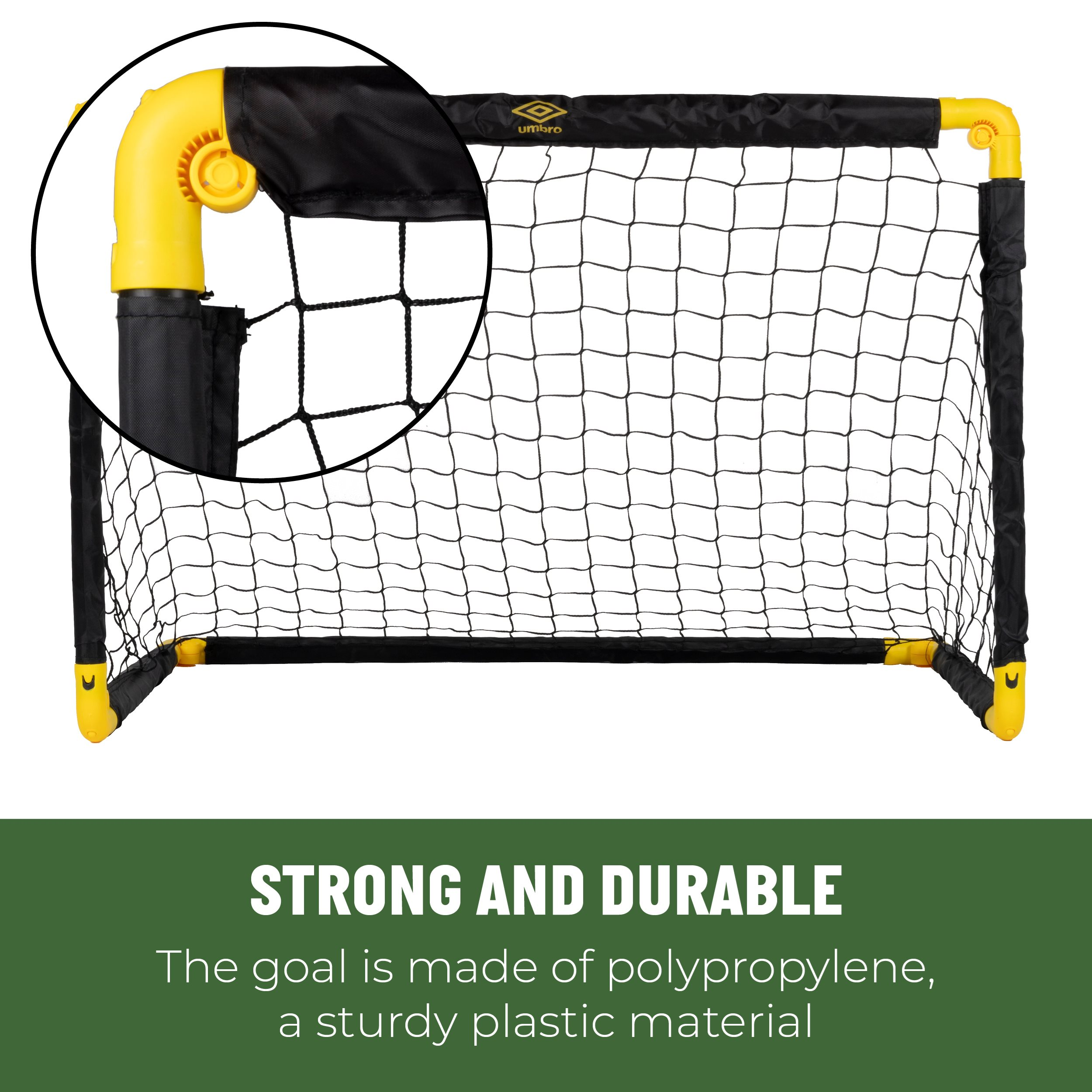 A soccer goal with a black net and yellow frame. The goal has an Umbro logo. Text at the bottom reads: STRONG AND DURABLE.