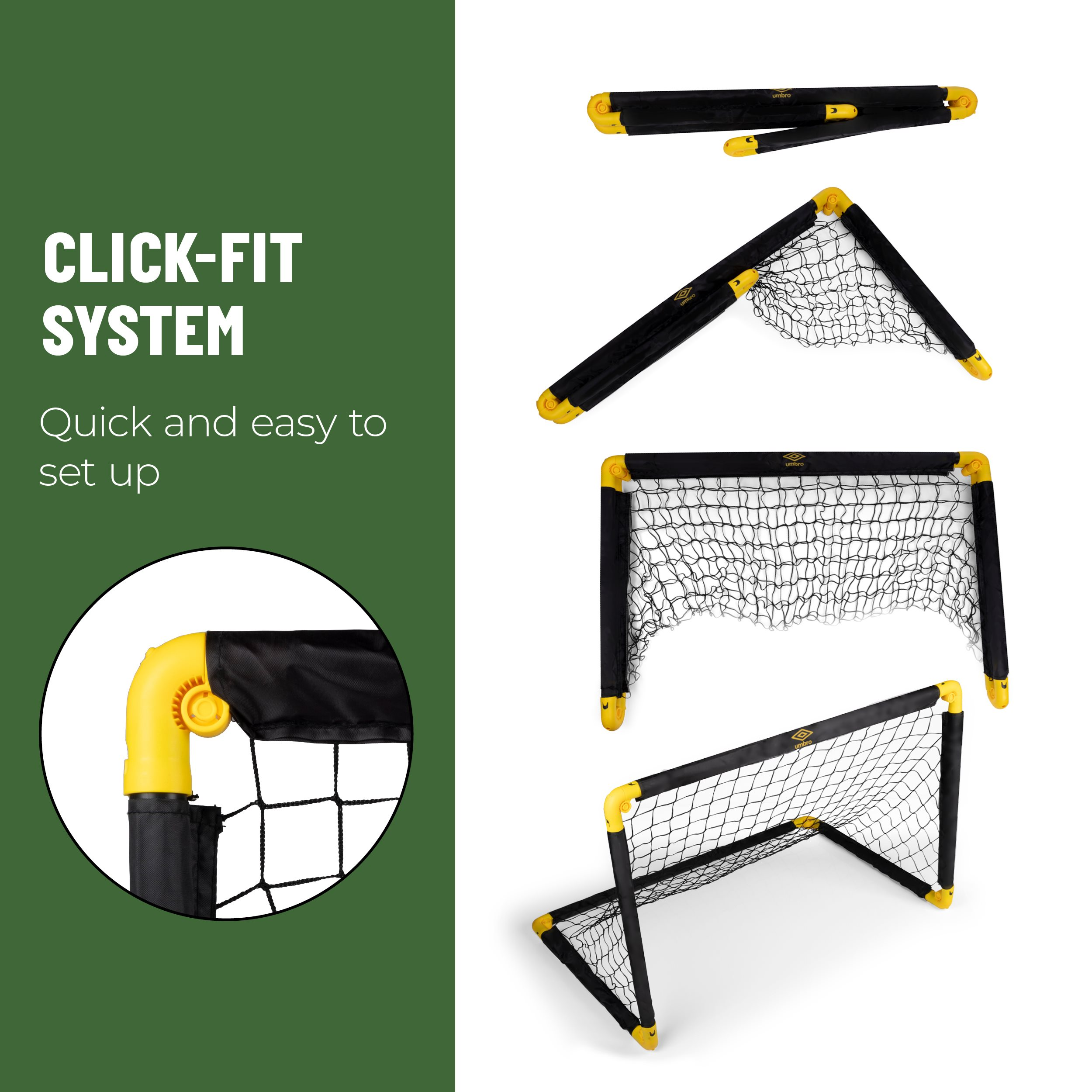 Image shows a click-fit soccer goal, black frame with yellow corners, and net, with different assembly stages.
