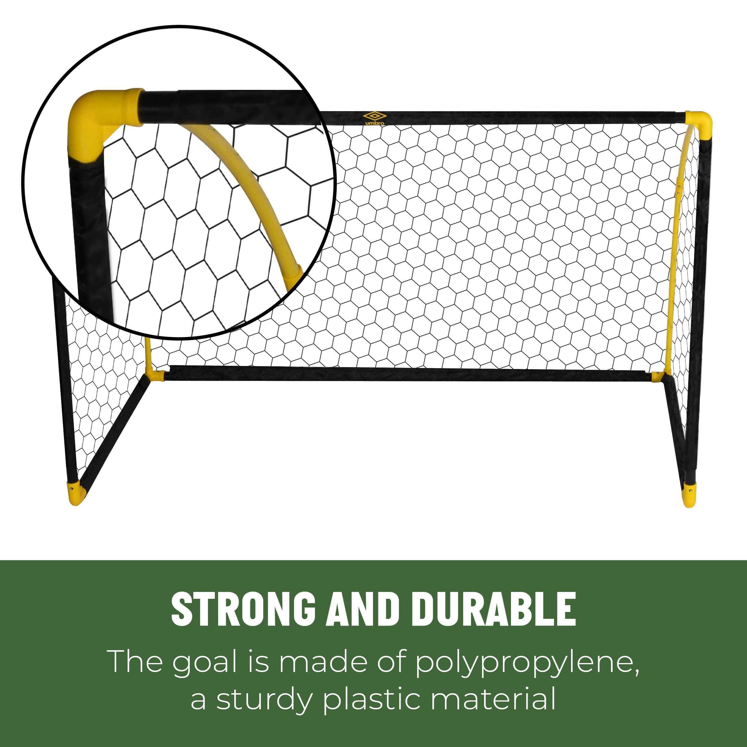 Un but de football noir et jaune avec un filet blanc. Le texte dit 'Strong and Durable'.