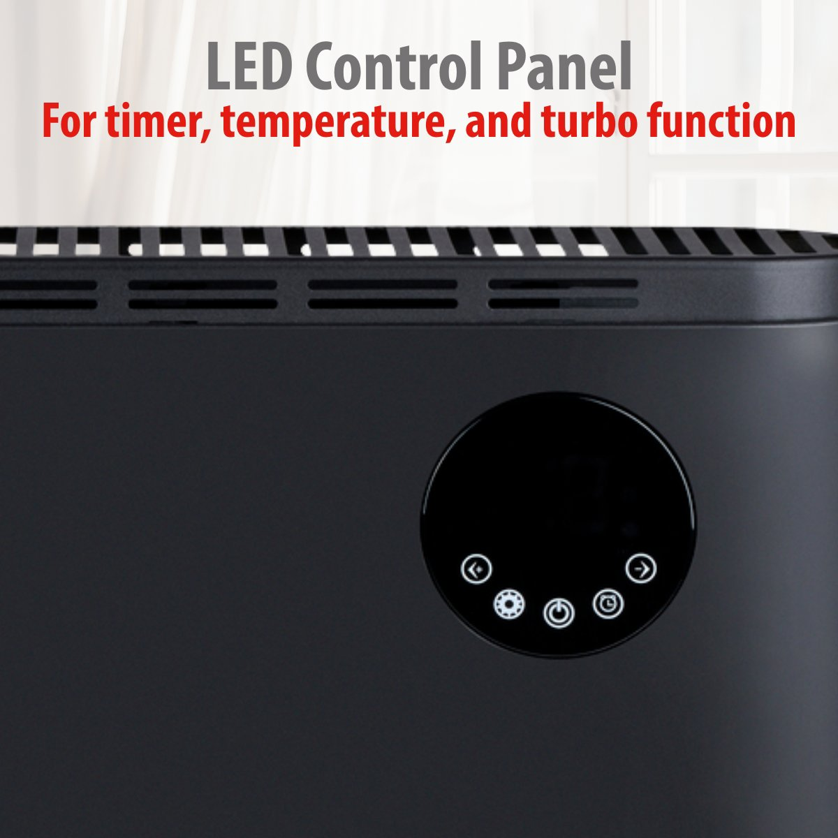Zwart bedieningspaneel met LED-display. Tekst luidt 'LED-bedieningspaneel'. Knoppen voor timer, temperatuur en turbofunctie zijn aanwezig.