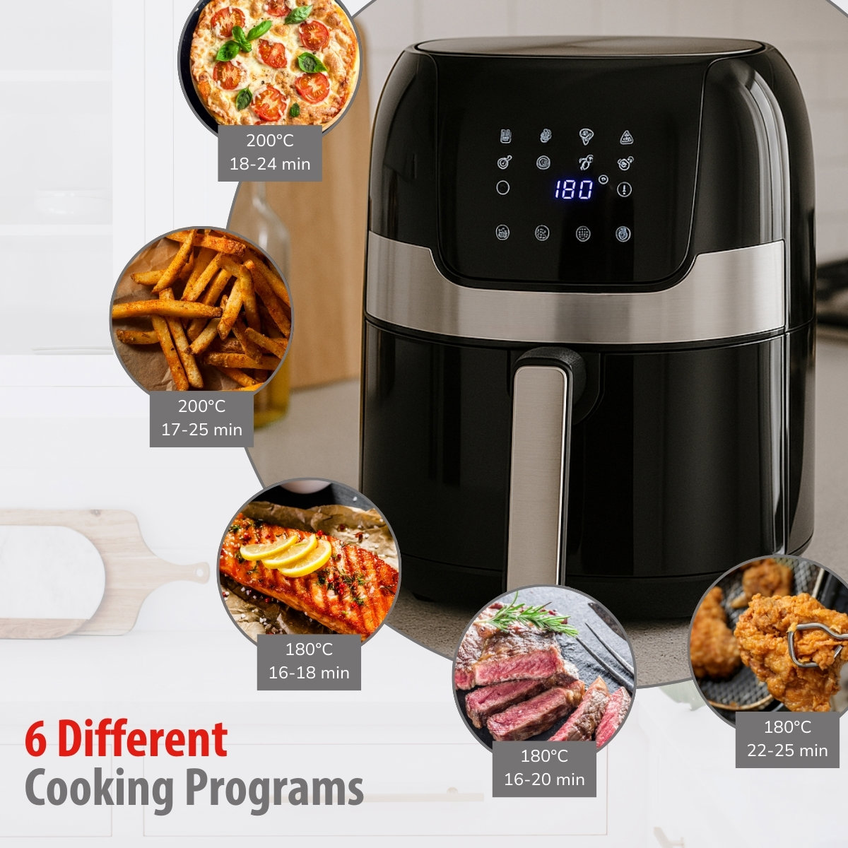 Een airfryer toont kookprogramma's voor pizza, friet, zalm, biefstuk en gefrituurde kip. De fryer is zwart met een zilveren handvat.