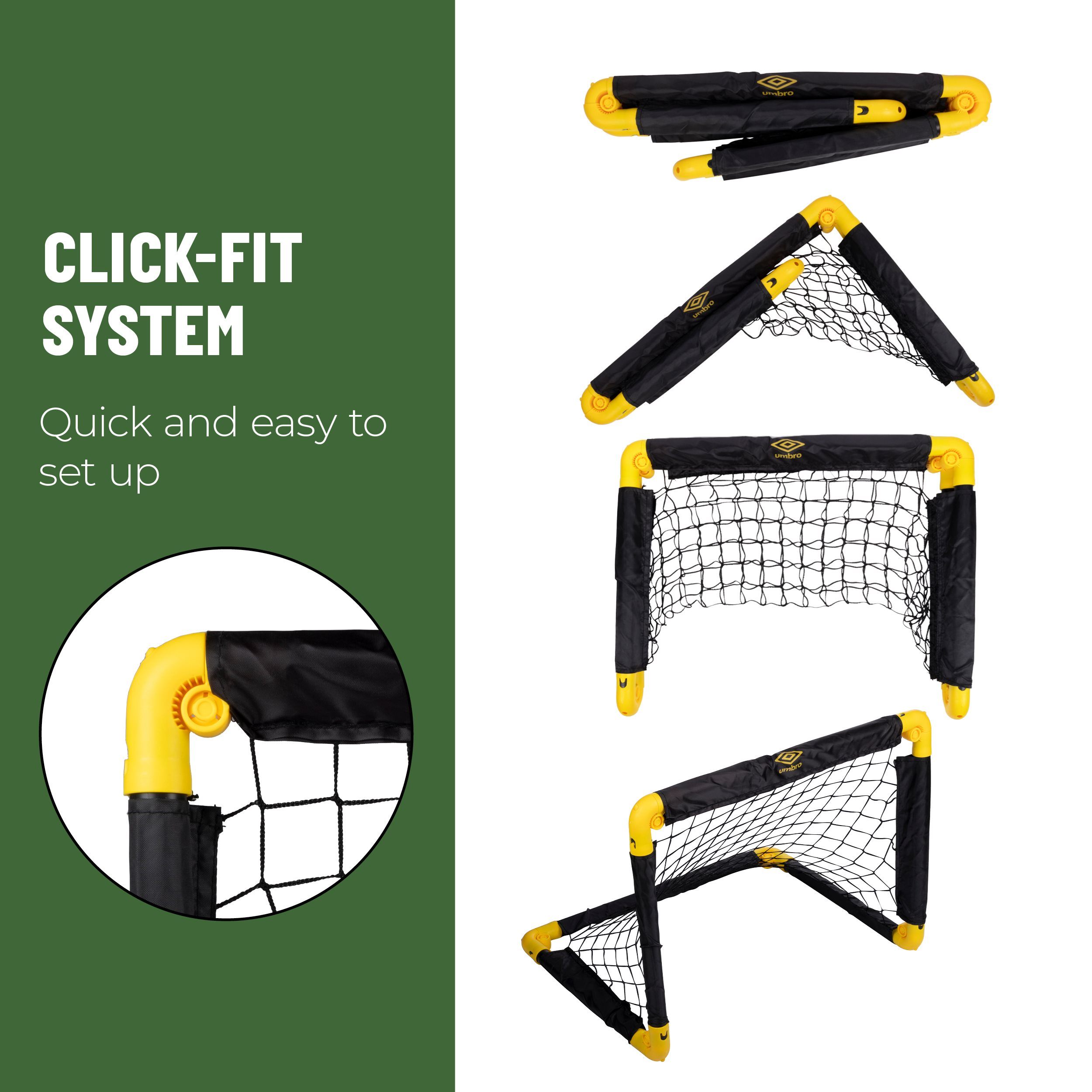 Fußballtor-Set. Schwarz-gelber Rahmen, schwarzes Netz. Click-Fit-System für einfachen Aufbau. Weißer Hintergrund.