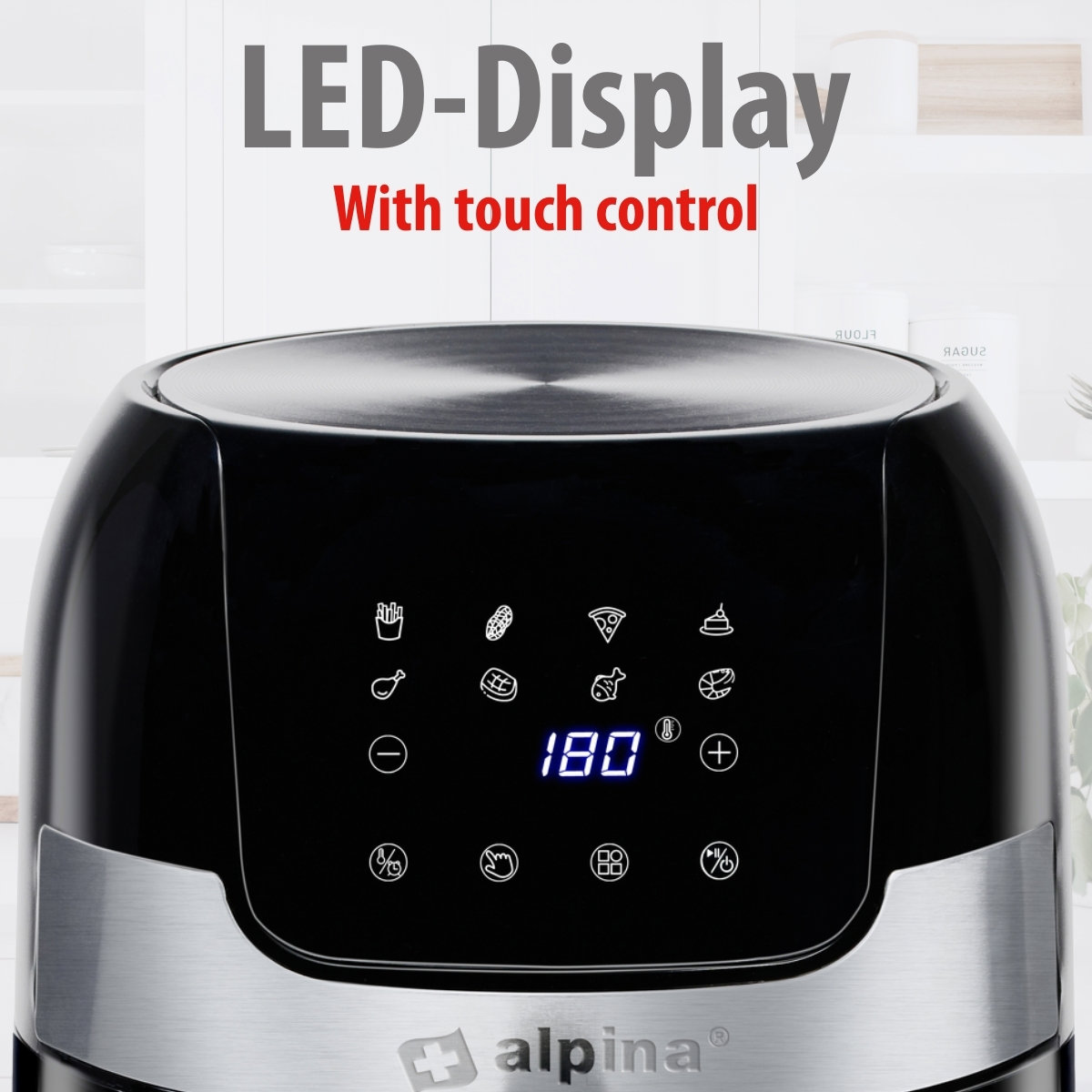 Zwarte airfryer met LED-display met 180 graden. Het heeft verschillende voedselpictogrammen en aanraakbediening. De merknaam is alpina.
