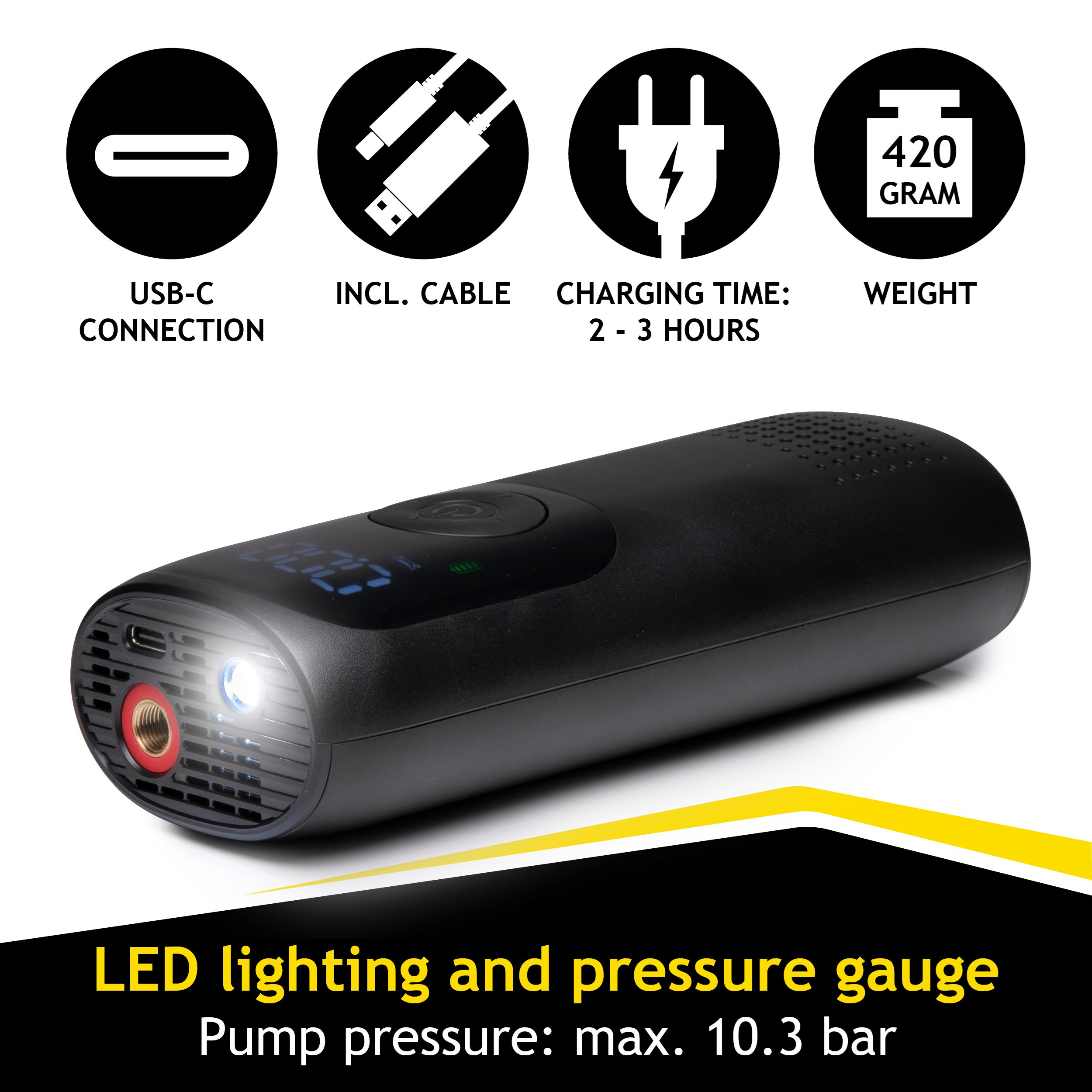 Black portable air pump with LED, pressure gauge, and USB-C. Features include charging time, weight, and cable.