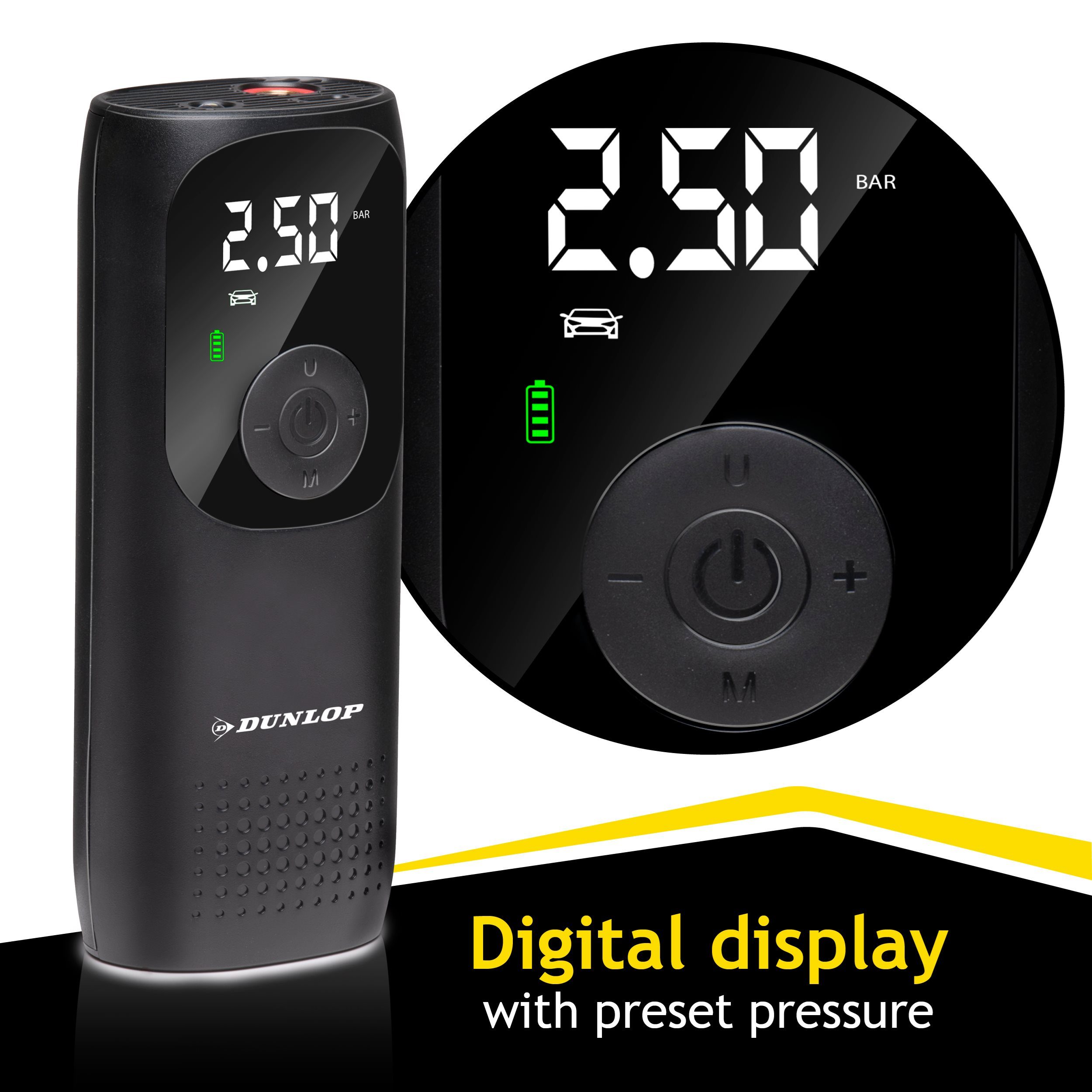 A black digital tire inflator. The display shows 2.50 BAR. It has buttons and a battery level indicator.