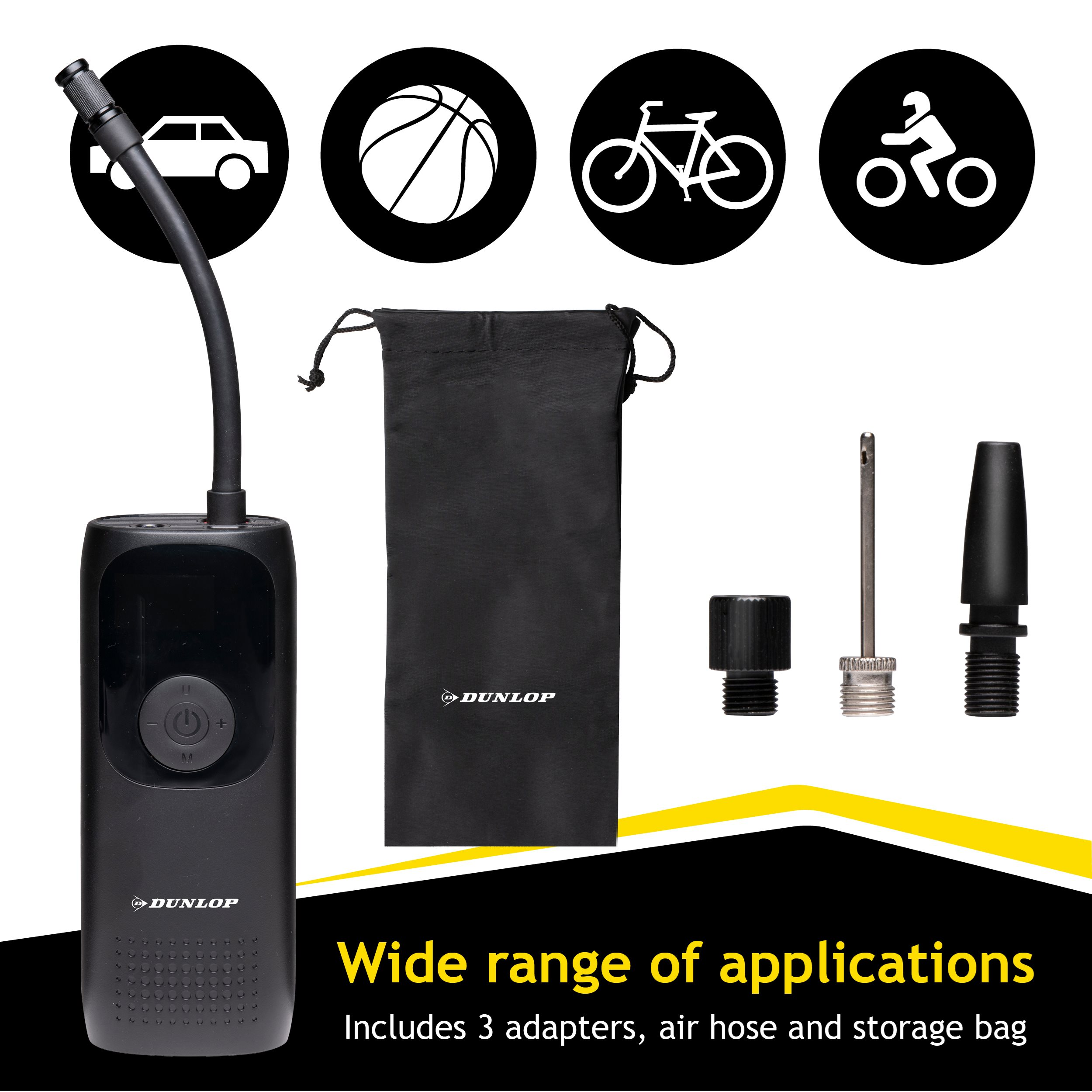 Black air pump with attachments, icons for car, ball, bike, motorcycle, and a storage bag. Text: Wide range of applications.