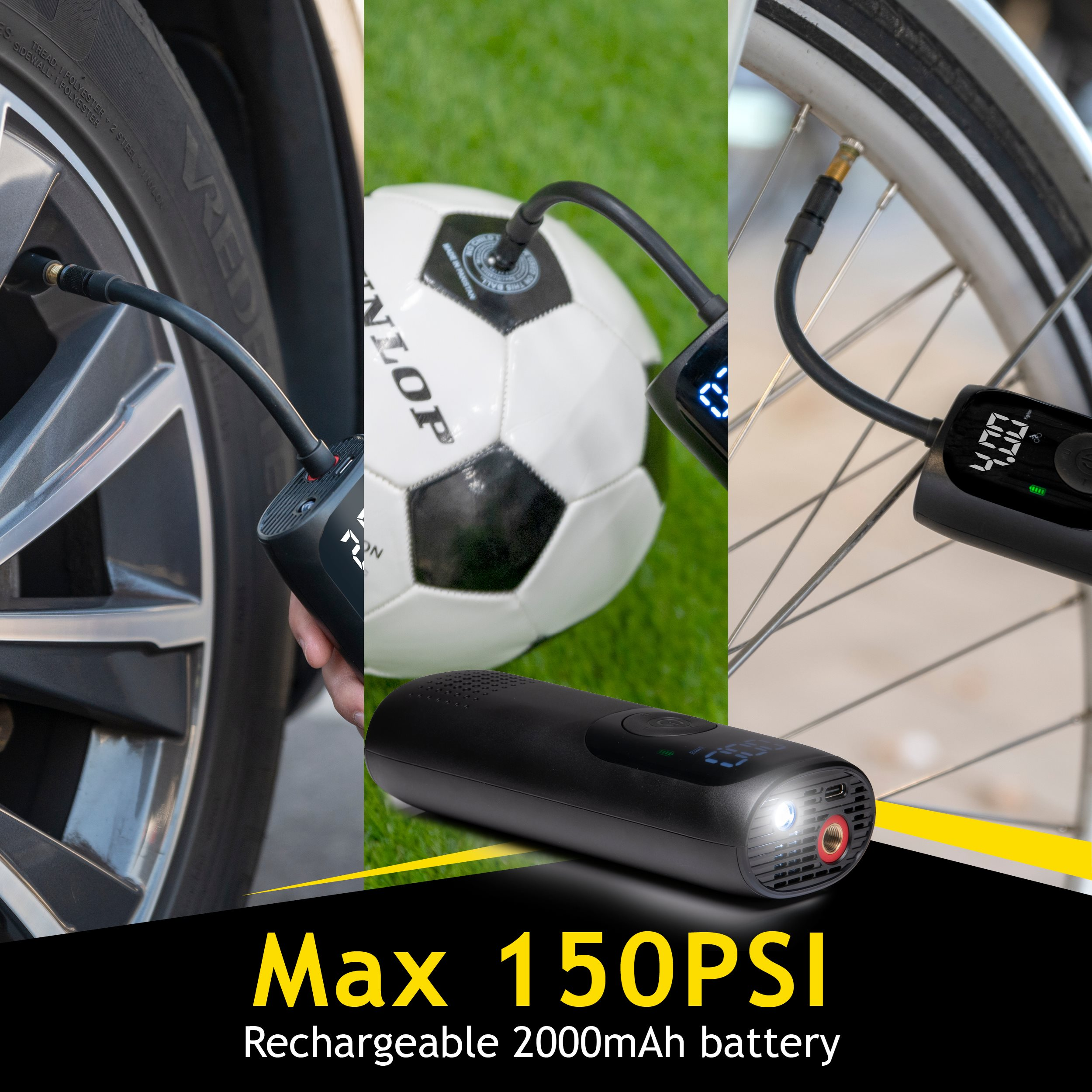 Image shows a tire, a soccer ball, and a bike wheel being inflated by a black air pump. The pump has a digital display.