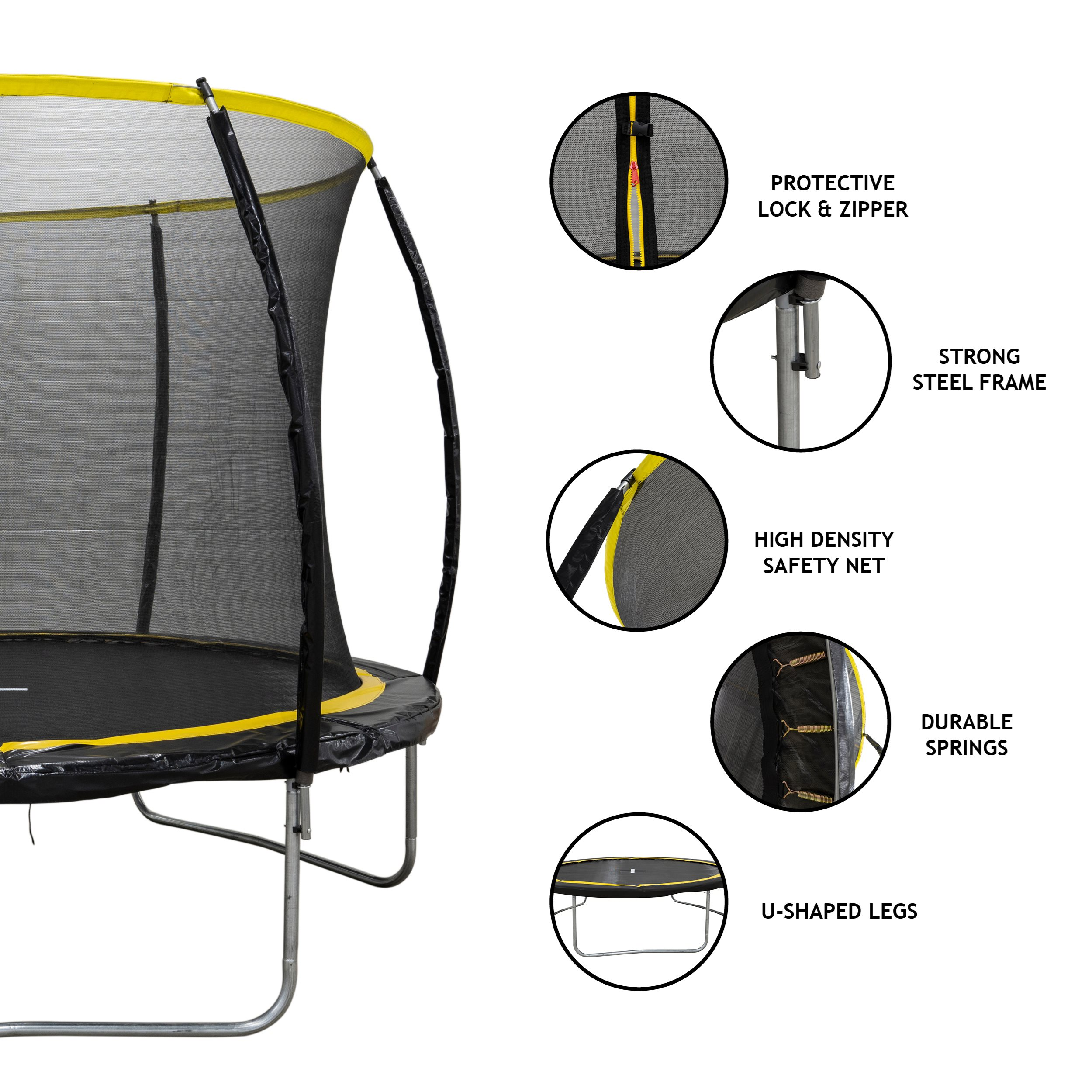 Un trampoline avec un filet noir et des accents jaunes. Il comporte un verrou de protection, un cadre en acier et des ressorts durables.
