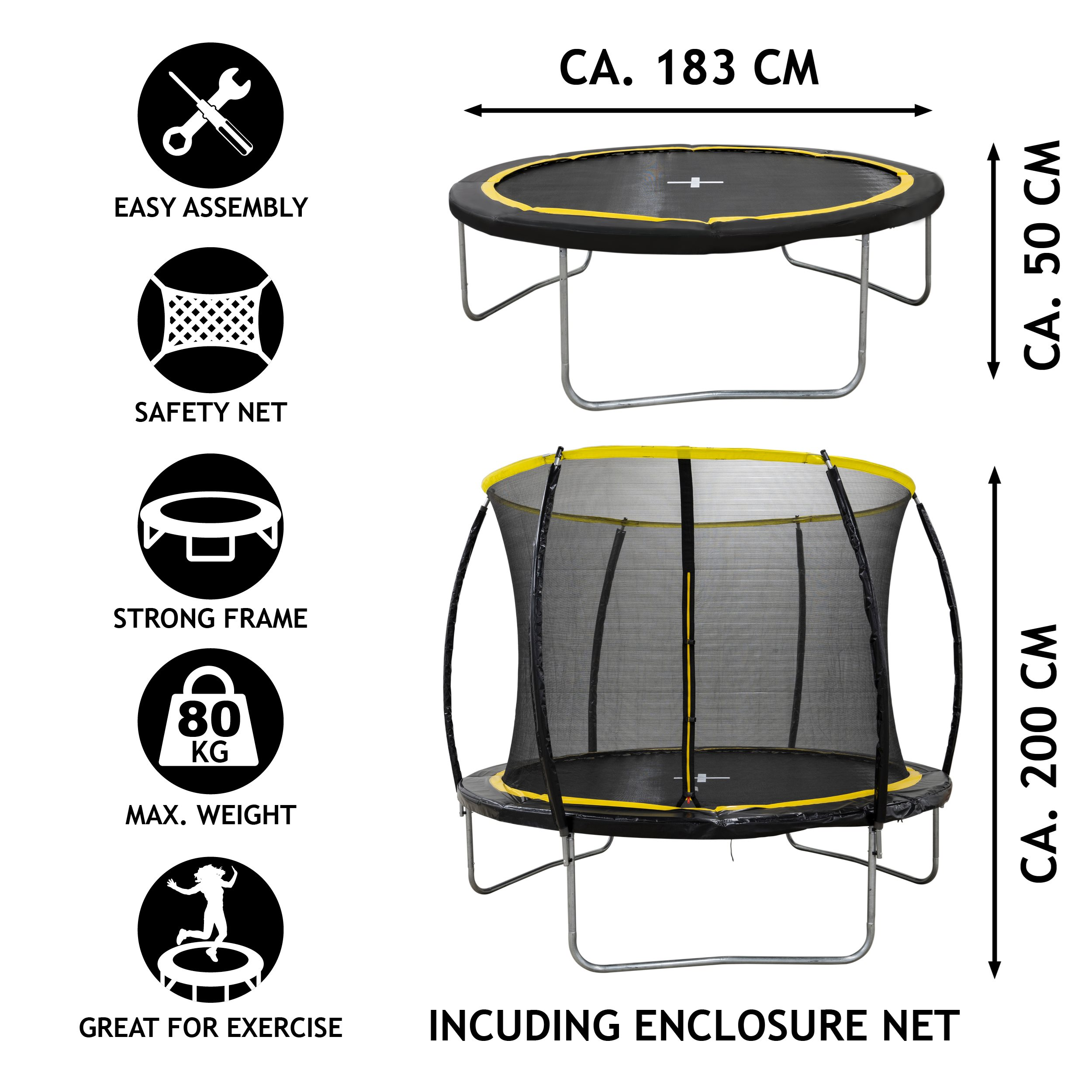 Un trampoline avec filet de sécurité, détails noirs et jaunes, dimensions et icônes indiquant les caractéristiques, dont un montage facile.