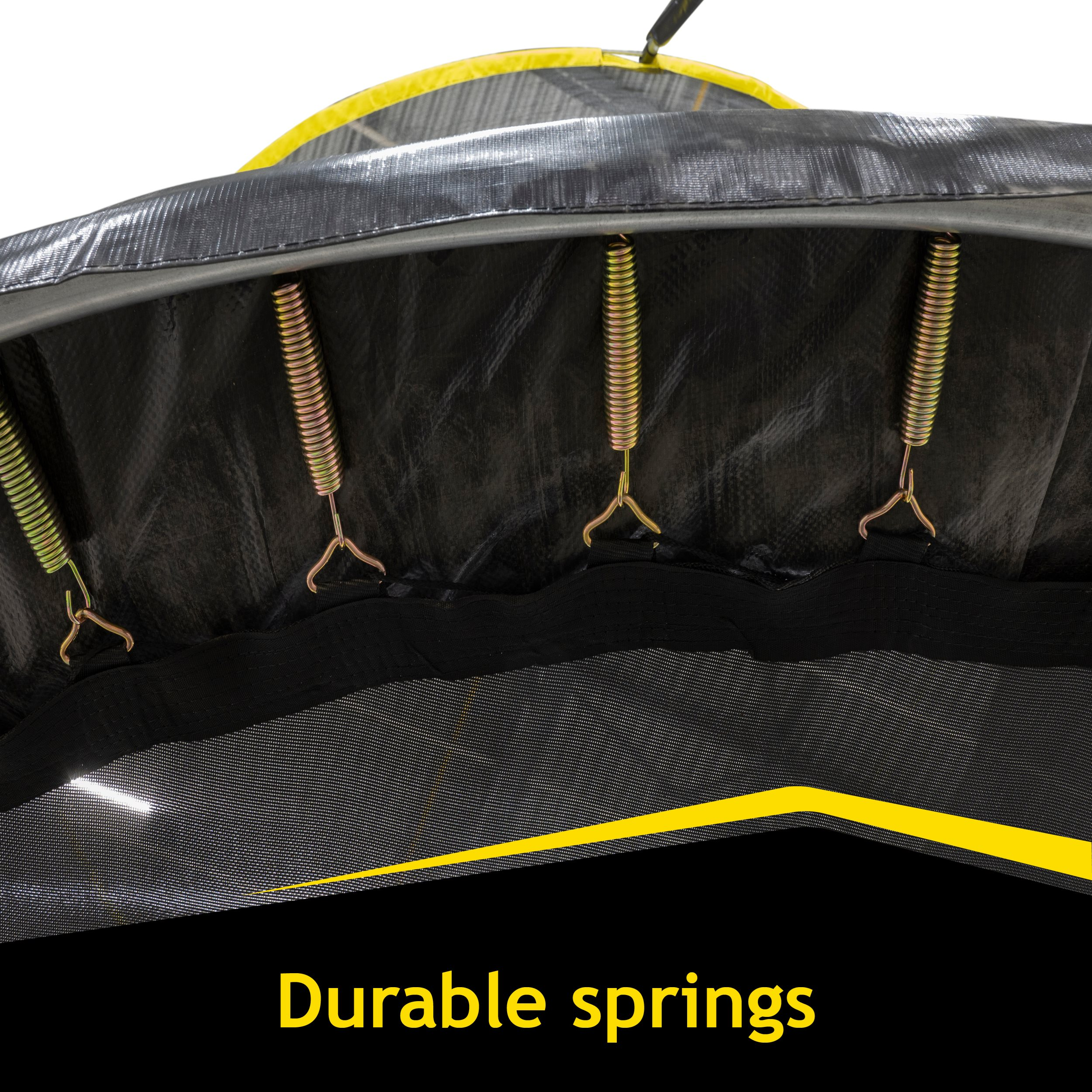 Gros plan sur les ressorts d'un trampoline, tissu noir et détails jaunes. Texte : Ressorts durables.
