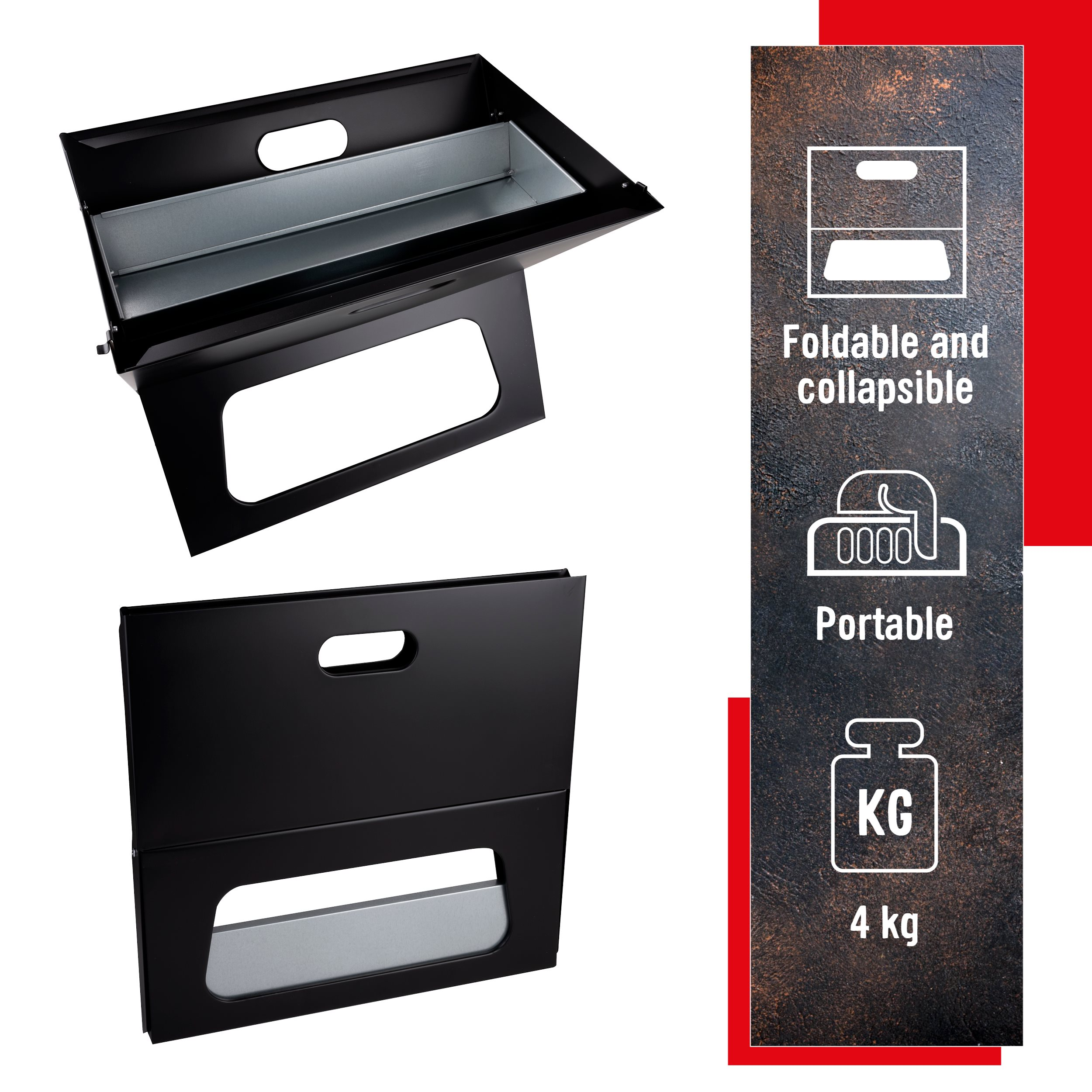 Een zwarte, opvouwbare en draagbare barbecuegrill wordt getoond. Details zijn een uitsparing voor de handgreep en een gewicht van 4 kg.
