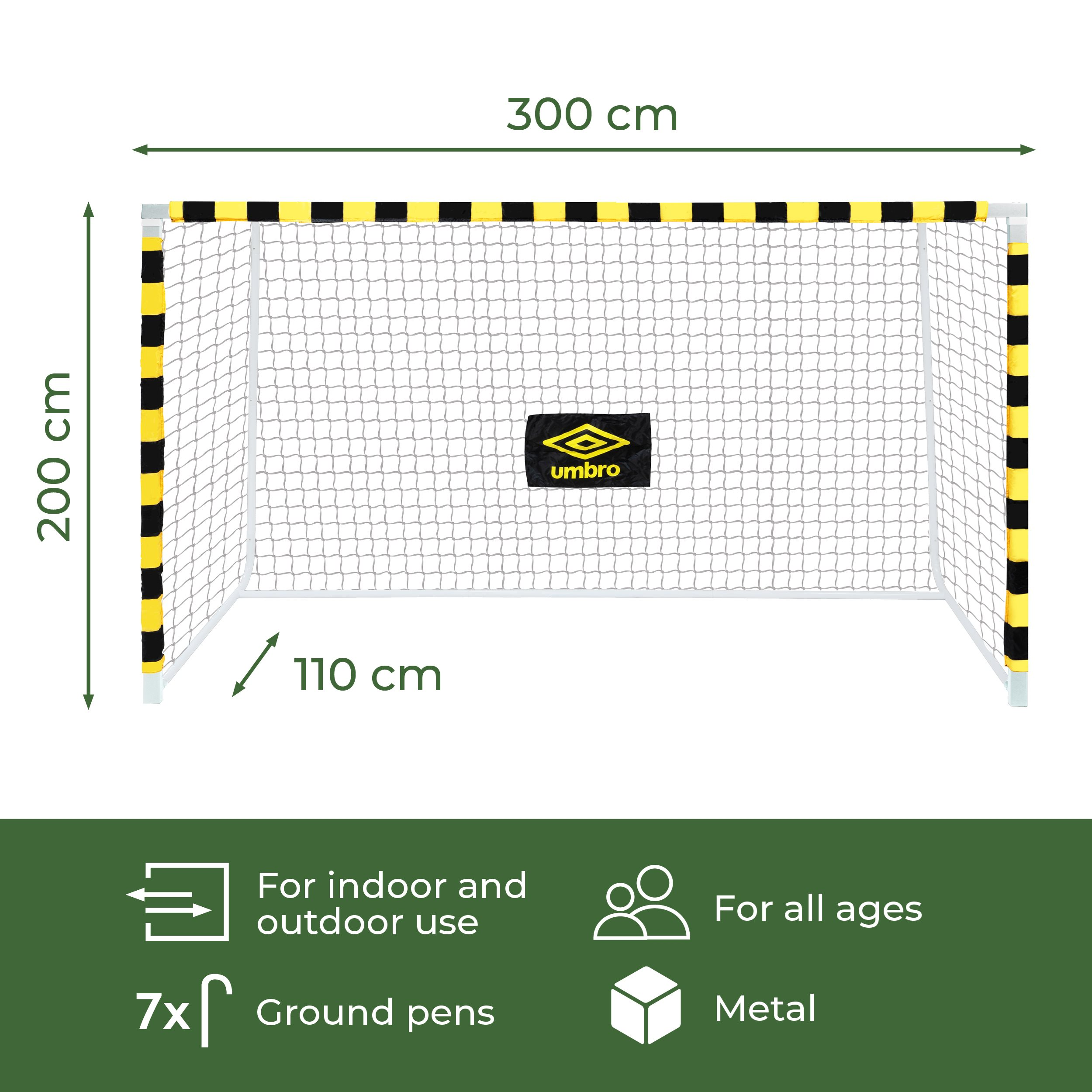 A soccer goal with a net. It's white, with black and yellow striped posts. Includes dimensions: 200cm x 300cm x 110cm.