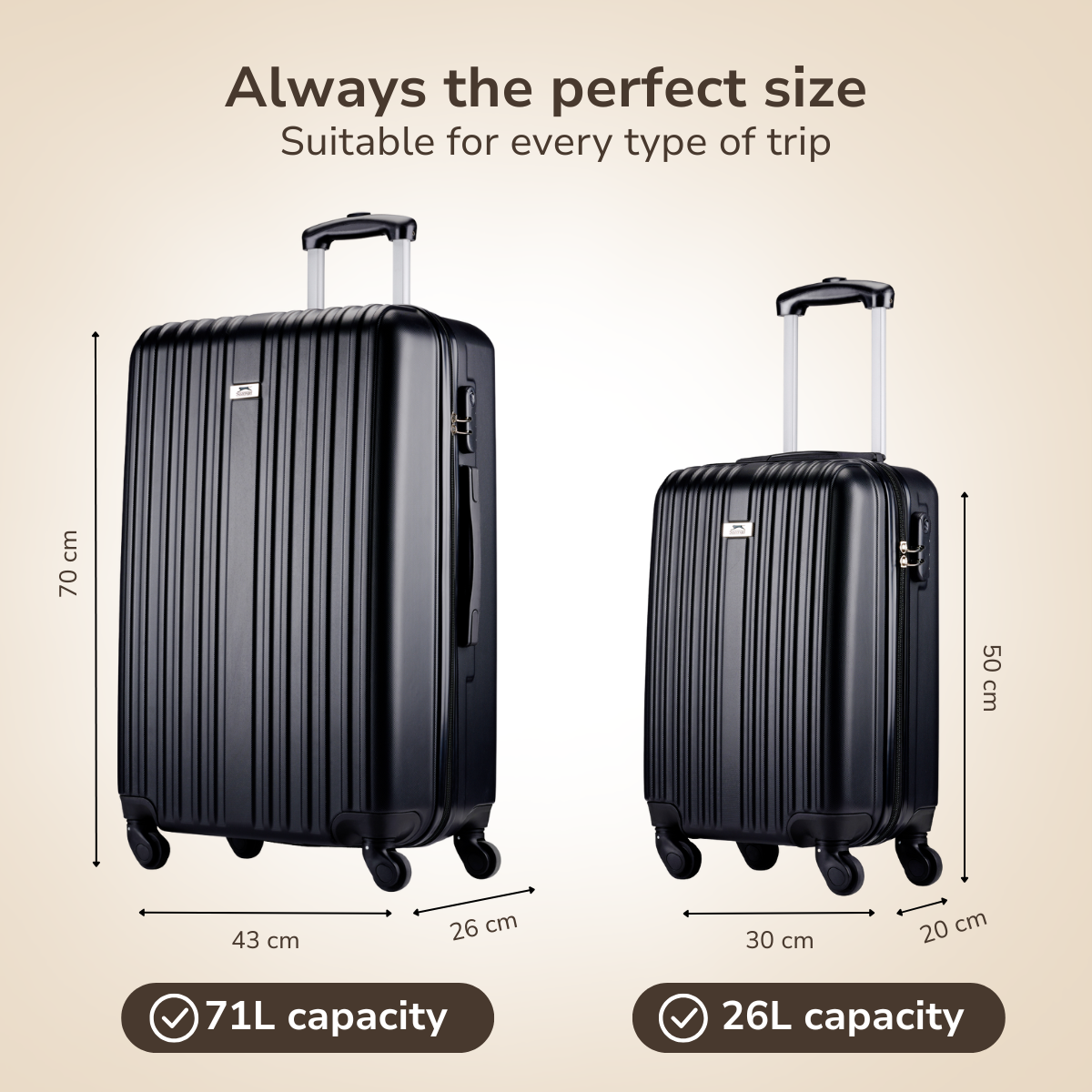 Two black suitcases of different sizes with dimensions and capacity details are displayed against a gradient background.