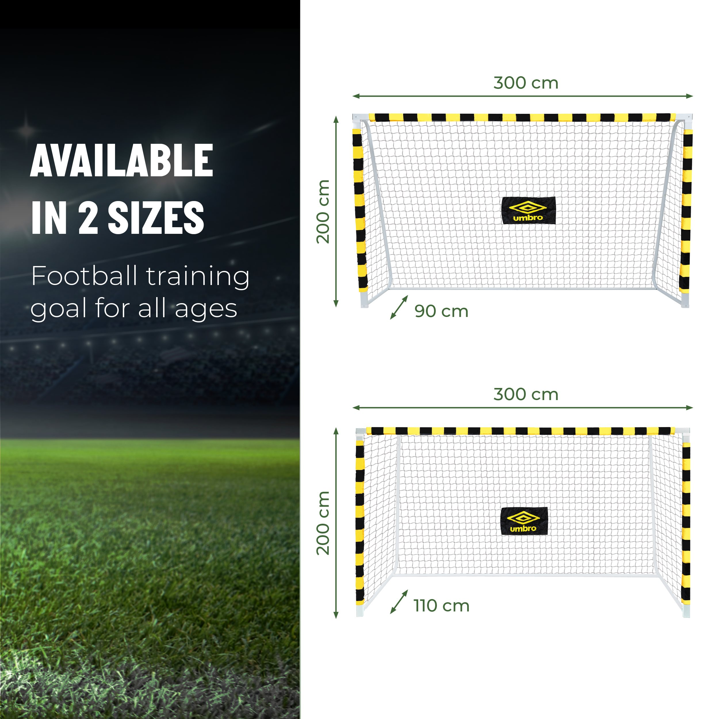 Image shows two football goals with dimensions. Text says 'Available in 2 sizes' and 'Football training goal for all ages'.