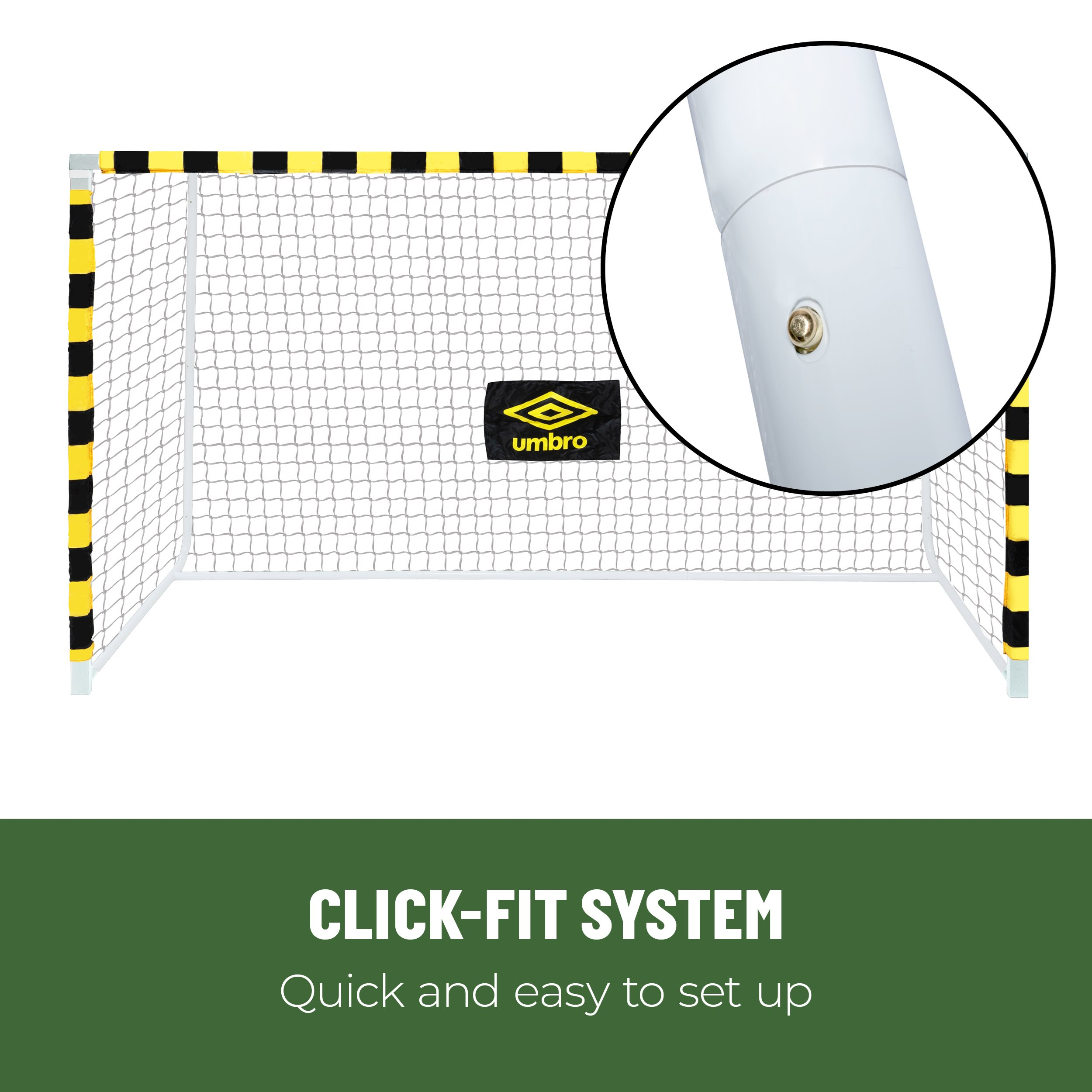 A white soccer goal with black and yellow stripes, a net, and an Umbro logo. A detail of the pole is shown.