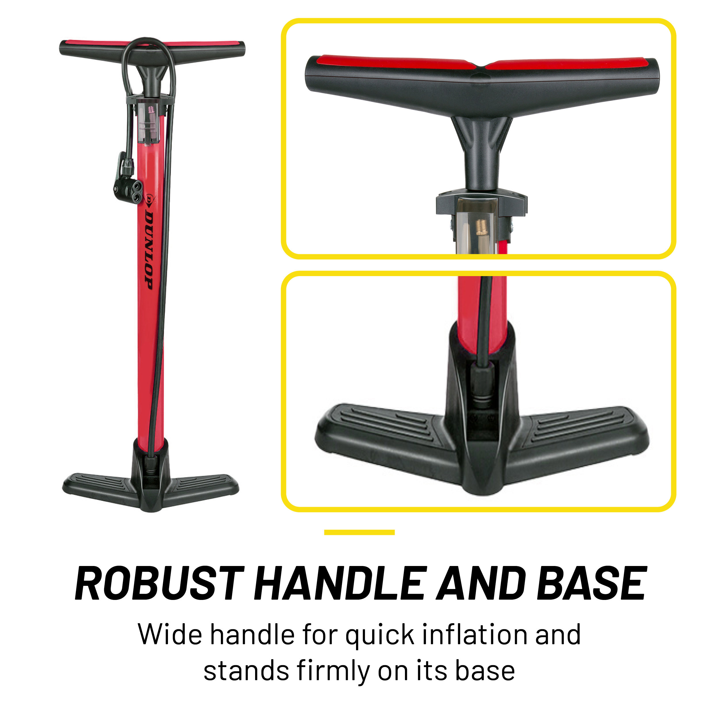 A red and black Dunlop bicycle pump. It has a wide handle, a sturdy base, and a gauge. The pump is on a white background.