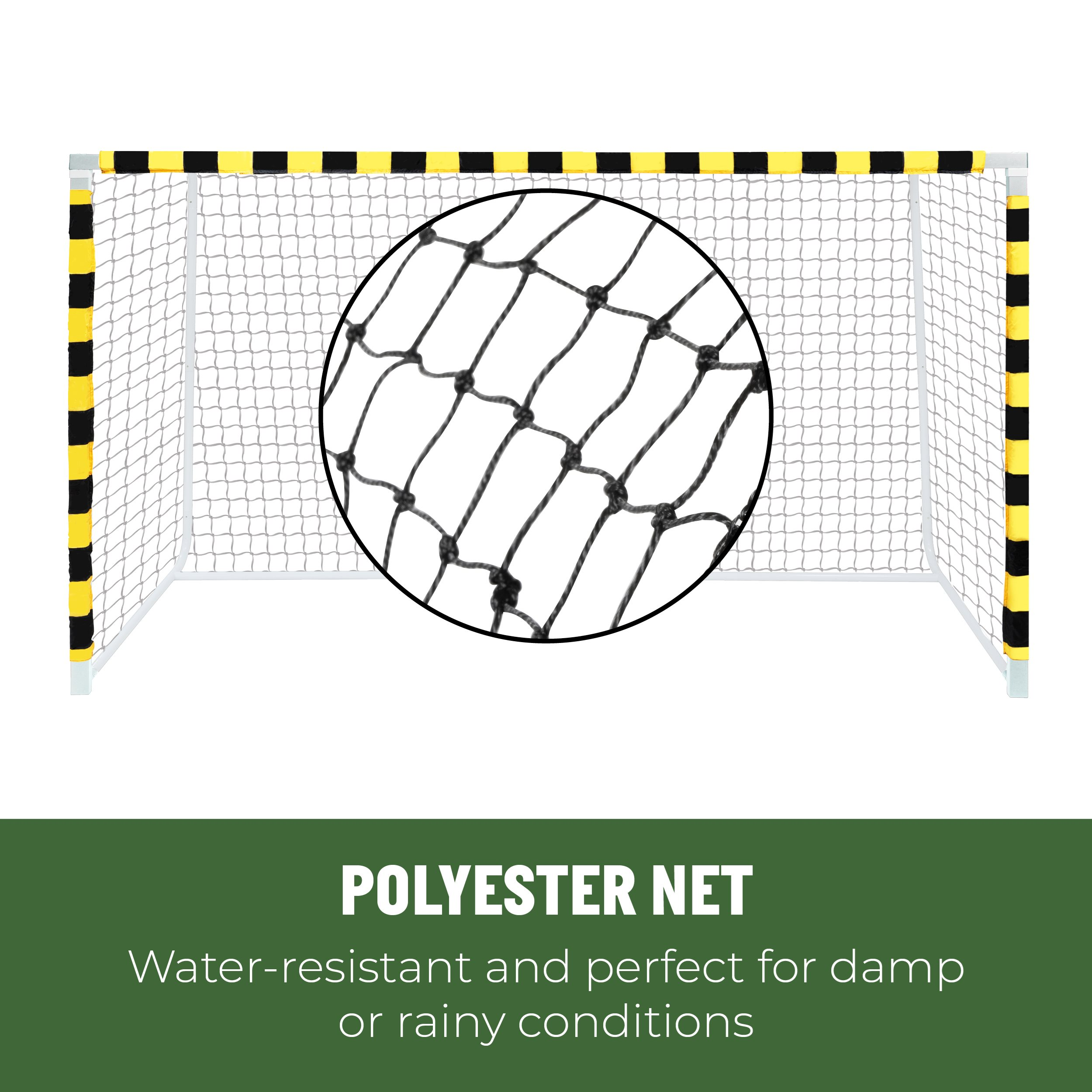 A football goal with a polyester net. The posts have black and yellow stripes. A close-up shows the net's details.