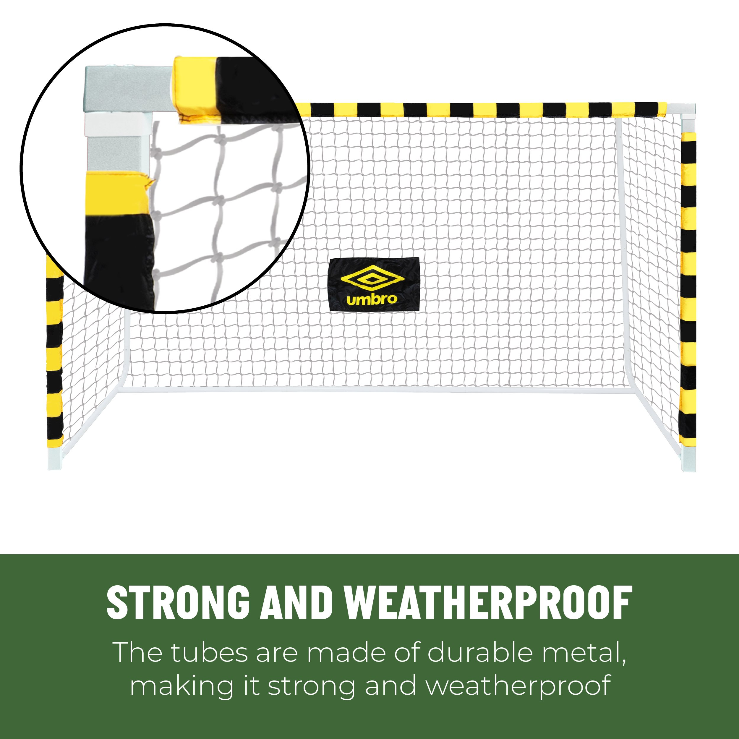 Soccer goal with white frame, black and yellow accents, and net. An 'umbro' logo is visible.