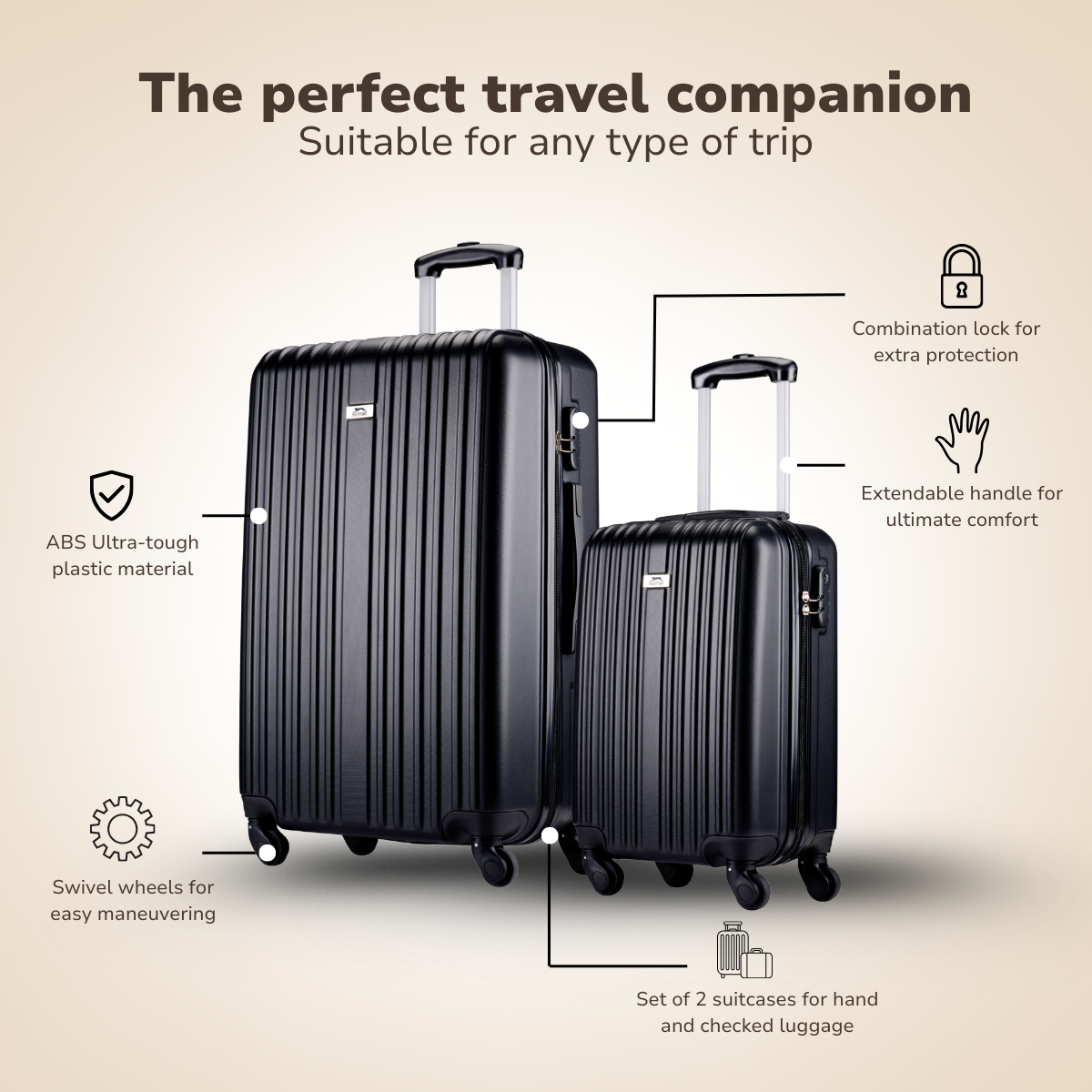 Two black suitcases with features: combination lock, extendable handle, swivel wheels, and ultra-tough plastic.