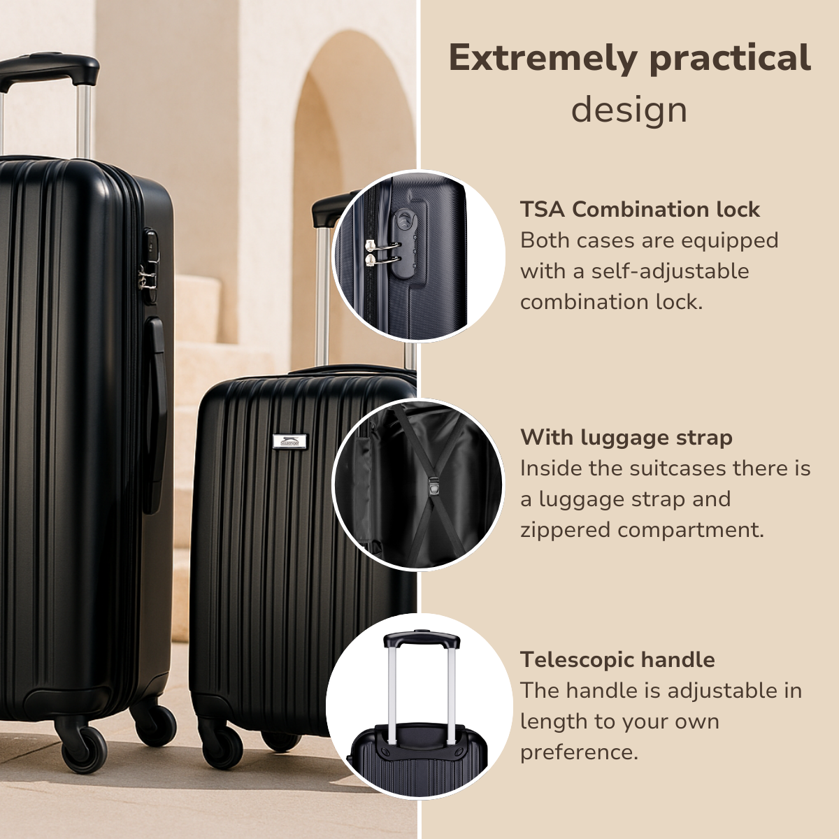 Two black suitcases with details highlighted: TSA lock, luggage strap, and telescopic handle, against a beige background.