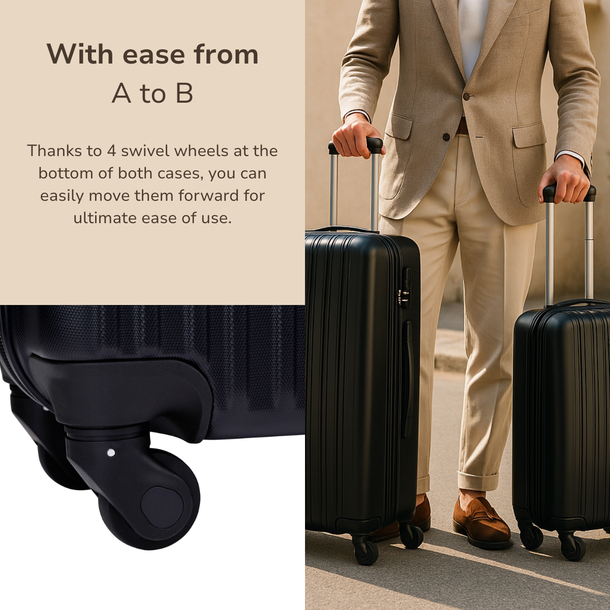 A man in a suit holds two black suitcases. The text says, 'With ease from A to B.' The suitcases have swivel wheels.