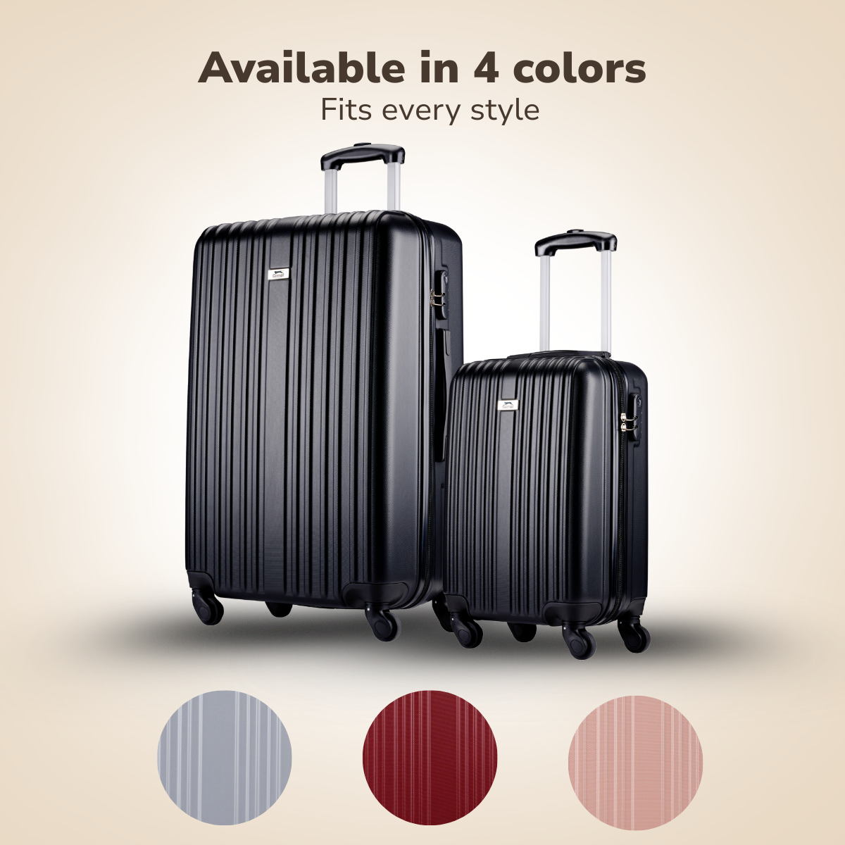 Two black suitcases with pull-up handles. Available in 4 colors, with color swatches below. Text: Available in 4 colors, fits every style.
