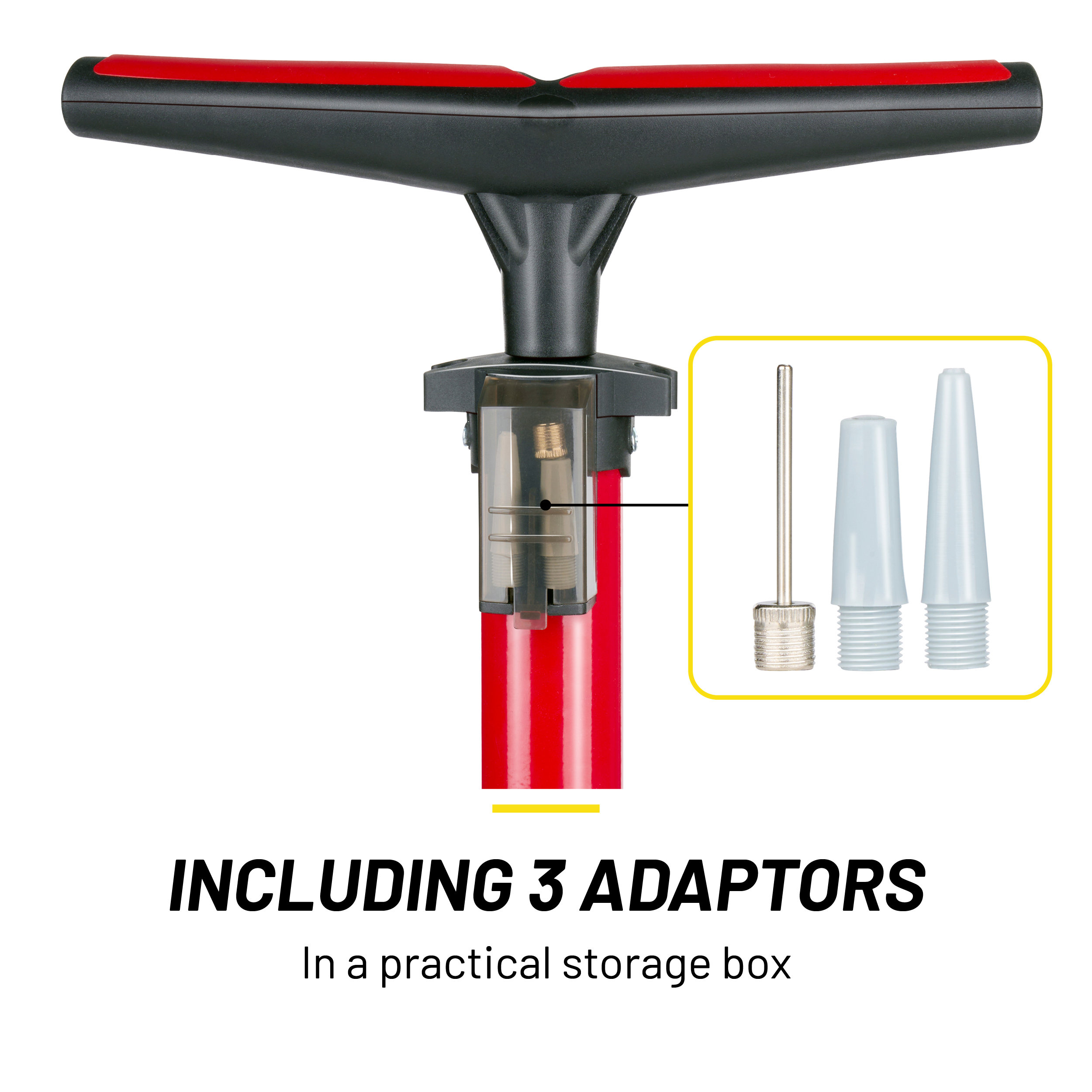Red and black bicycle pump with three adaptors. The pump has a handle and a gauge.